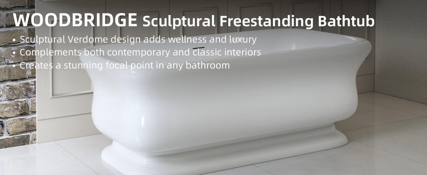 WOODBRIDGE 71 x 33.5 x 24.75" Freestanding Soaking Bathtub with Matte Black Drain, White WE005