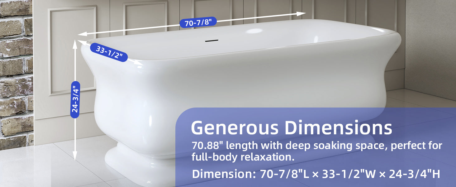WOODBRIDGE 71 x 33.5 x 24.75" Freestanding Soaking Bathtub with Matte Black Drain, White WE005
