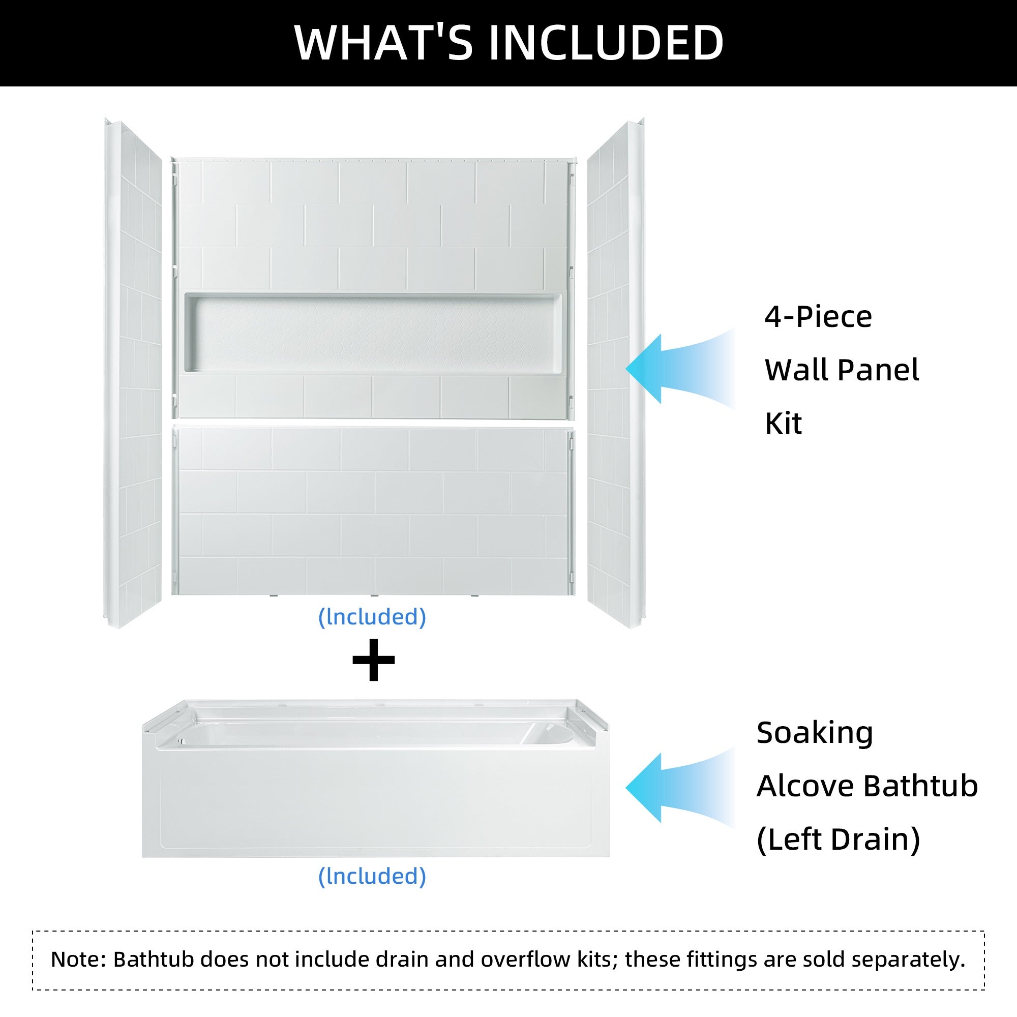 Woodbridge 60” x 32” Alcove Soaking Tub & 4-Piece Surround Combo
