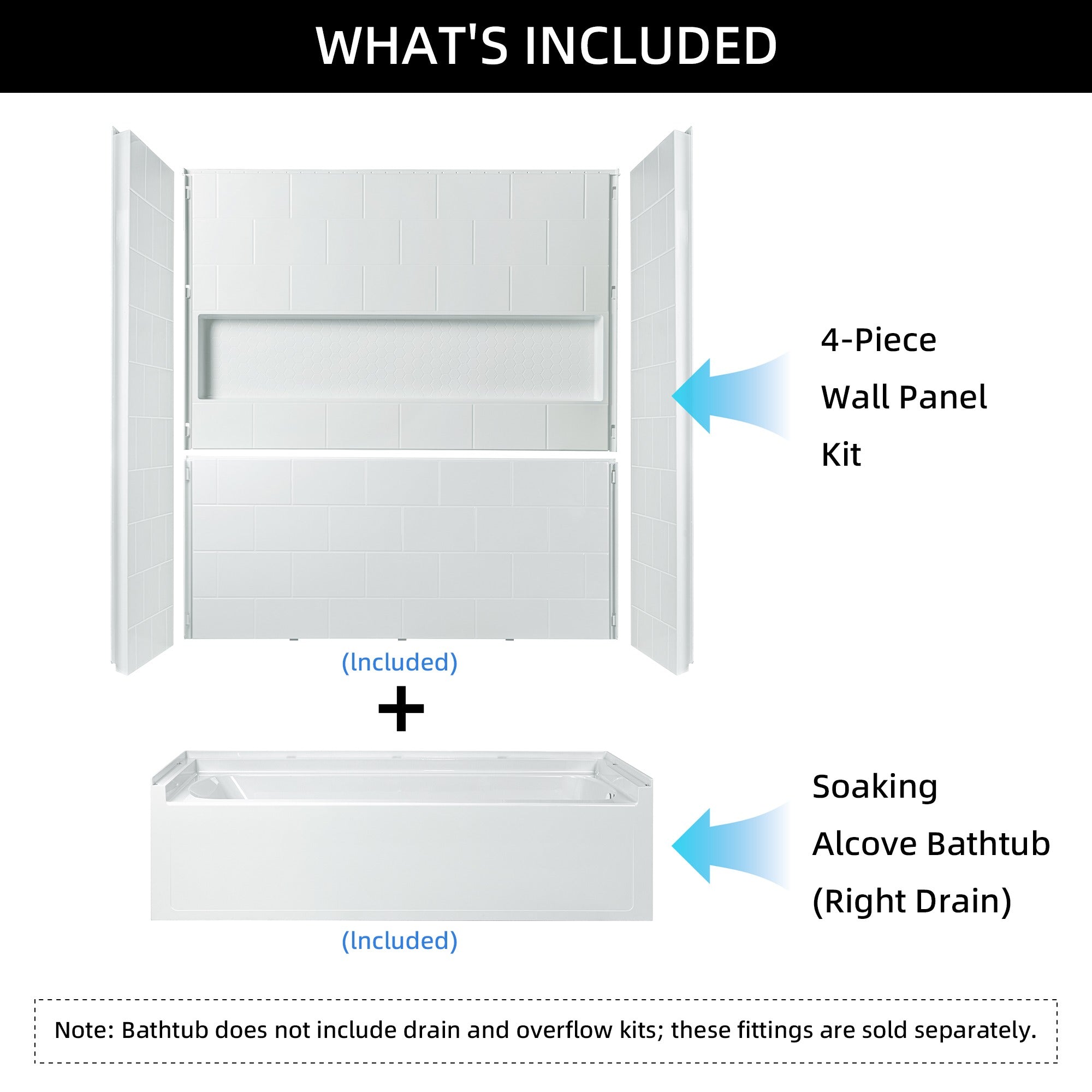 Woodbridge 60” x 32” Alcove Soaking Tub & 4-Piece Surround Combo