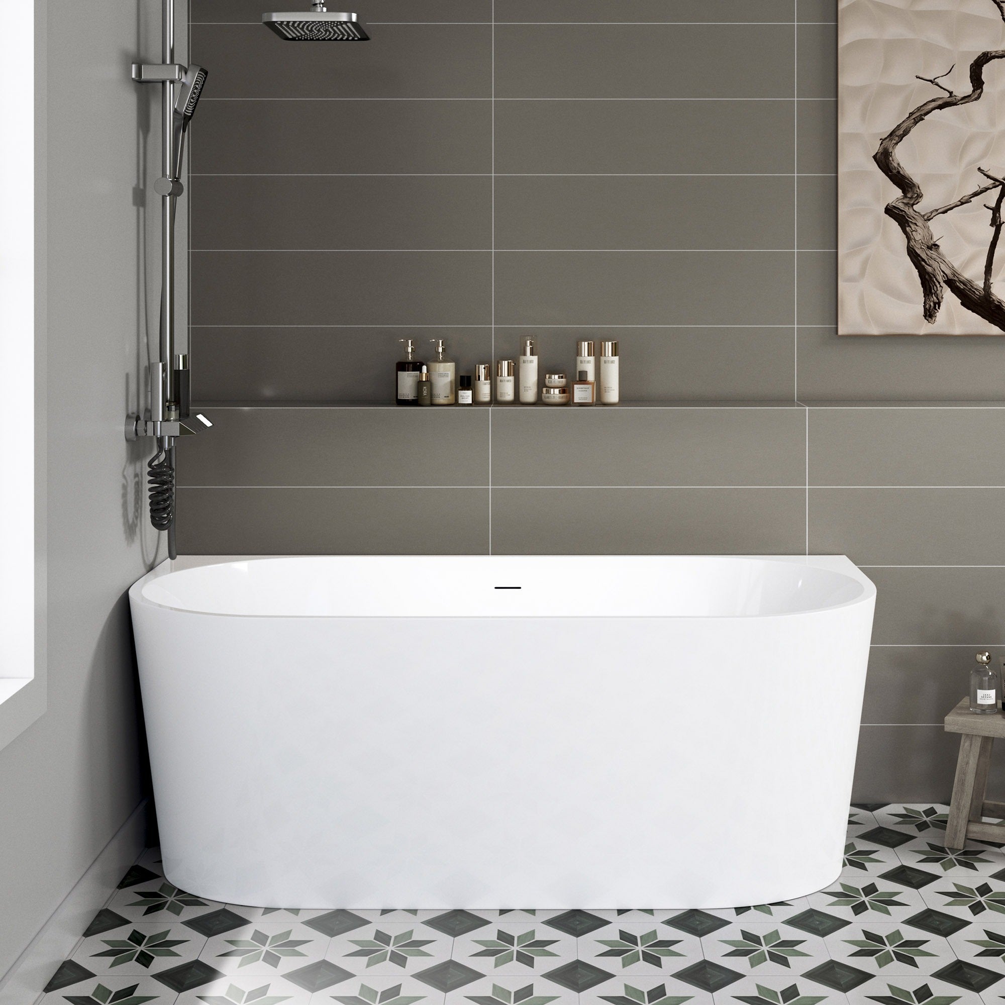 WOODBRIDGE 59" Back-to-Wall Freestanding Soaking Bathtub with Matte Black Drain, WE008