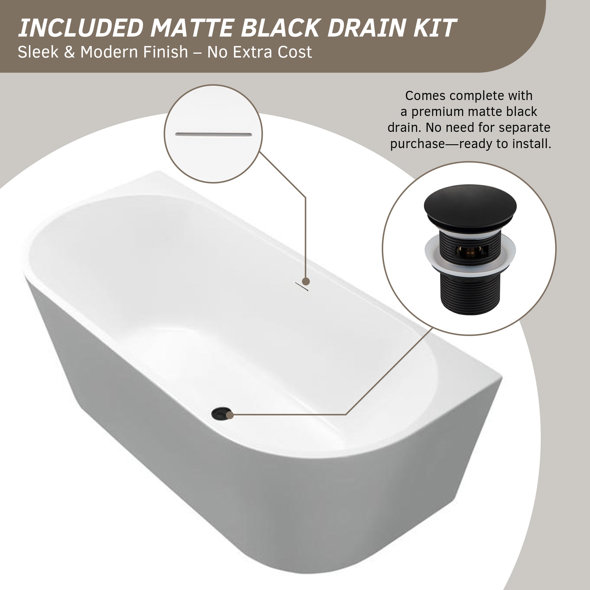 WOODBRIDGE 59" Back-to-Wall Freestanding Soaking Bathtub with Matte Black Drain, WE008