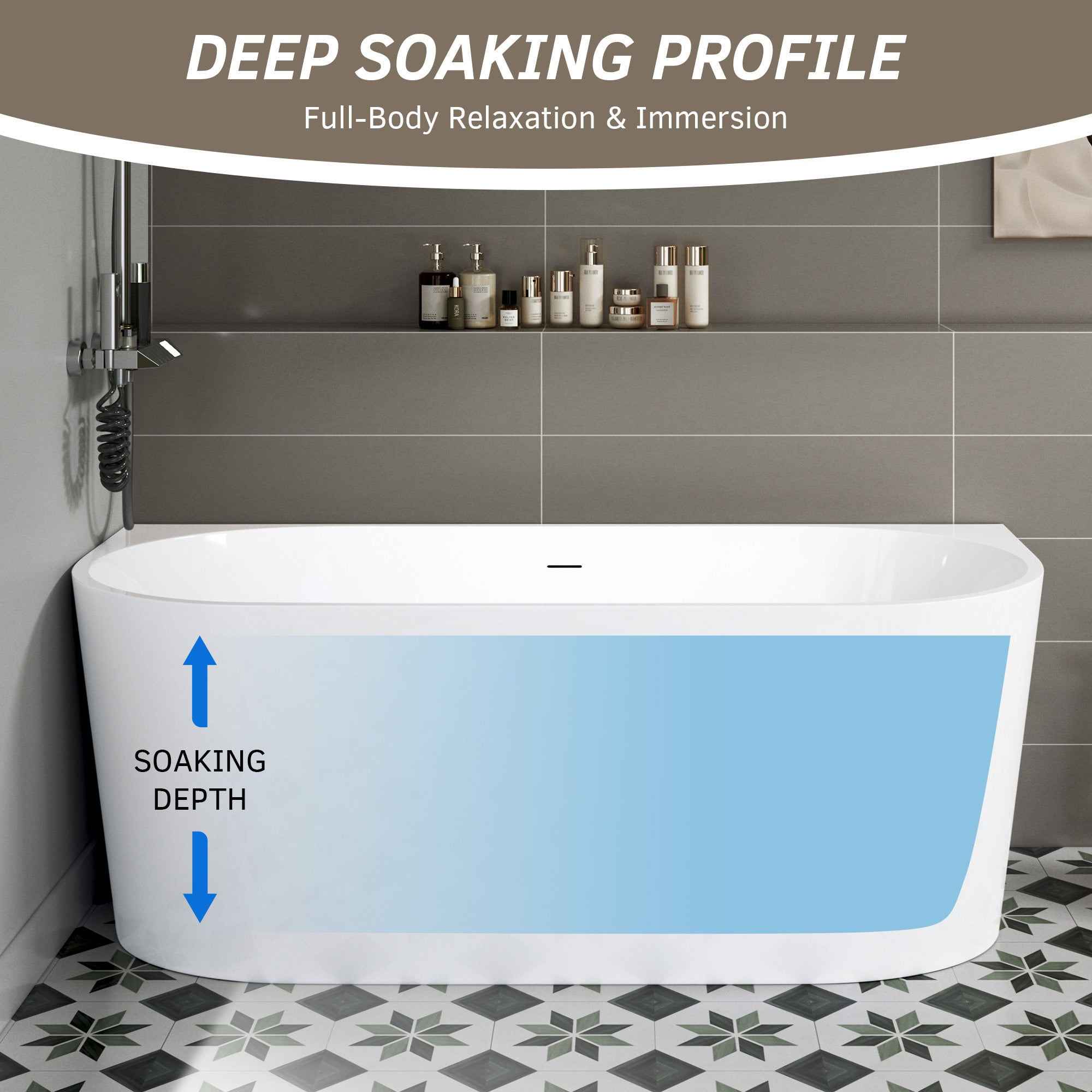 WOODBRIDGE 59" Back-to-Wall Freestanding Soaking Bathtub with Matte Black Drain, WE008