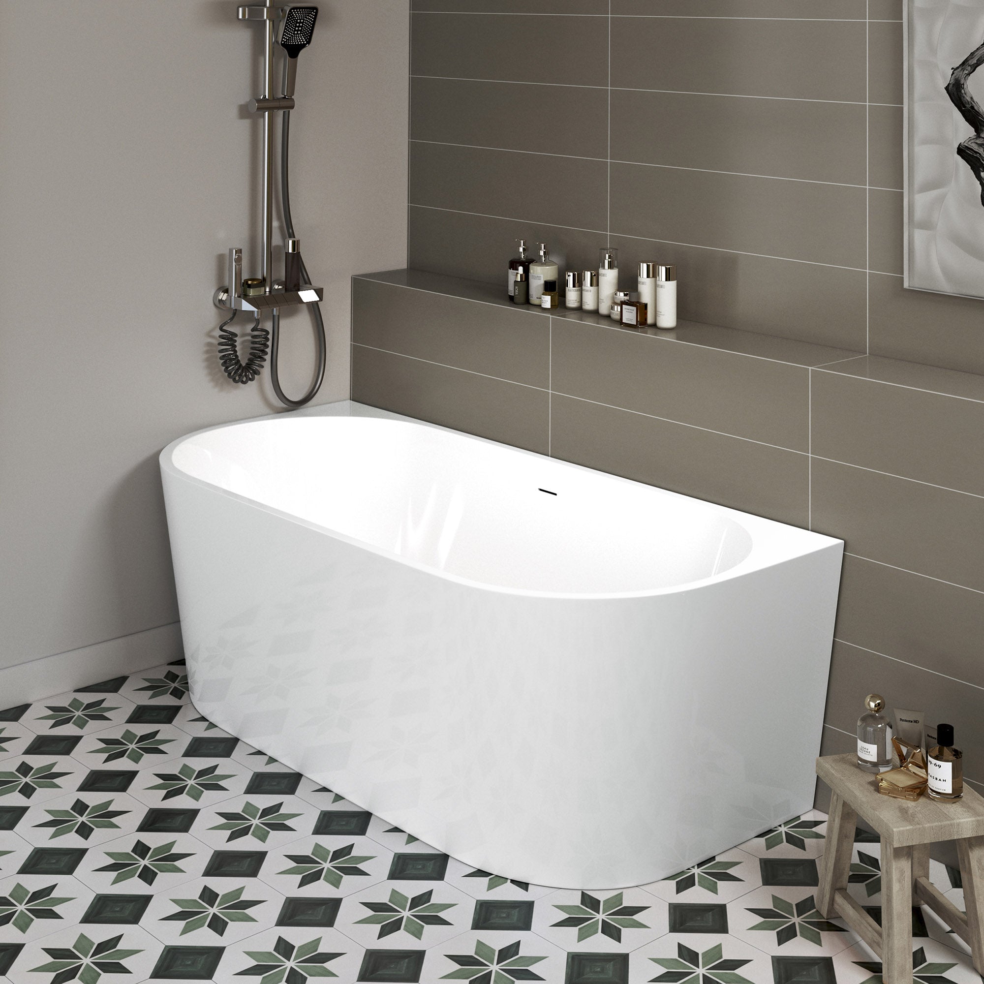 WOODBRIDGE 59" Back-to-Wall Freestanding Soaking Bathtub with Matte Black Drain, WE008