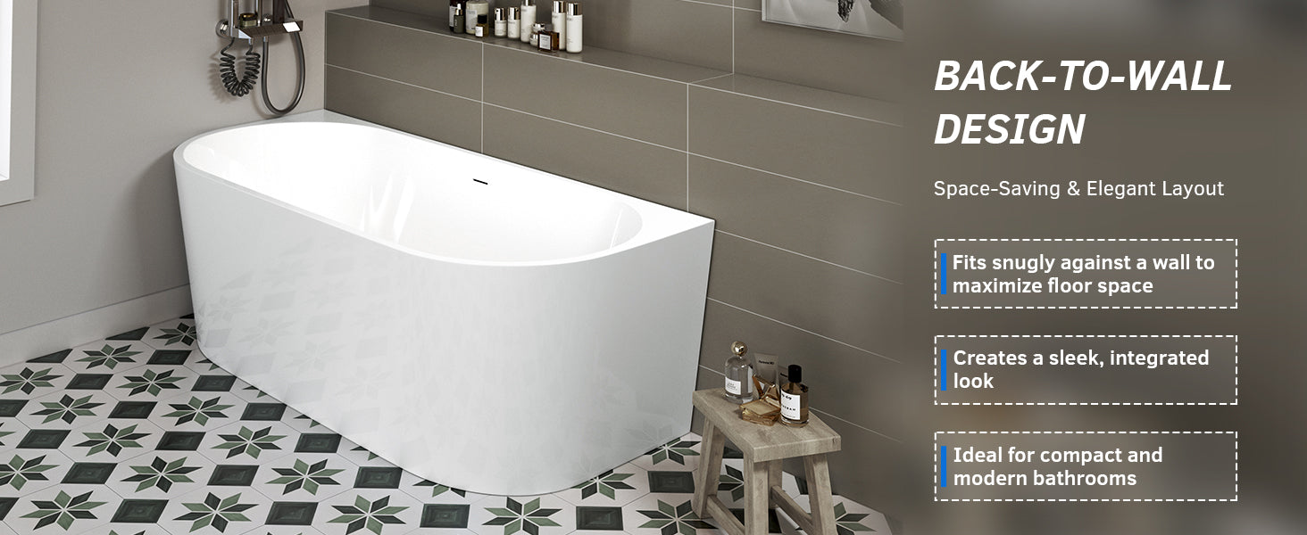 WOODBRIDGE 59" Back-to-Wall Freestanding Soaking Bathtub with Matte Black Drain, WE008