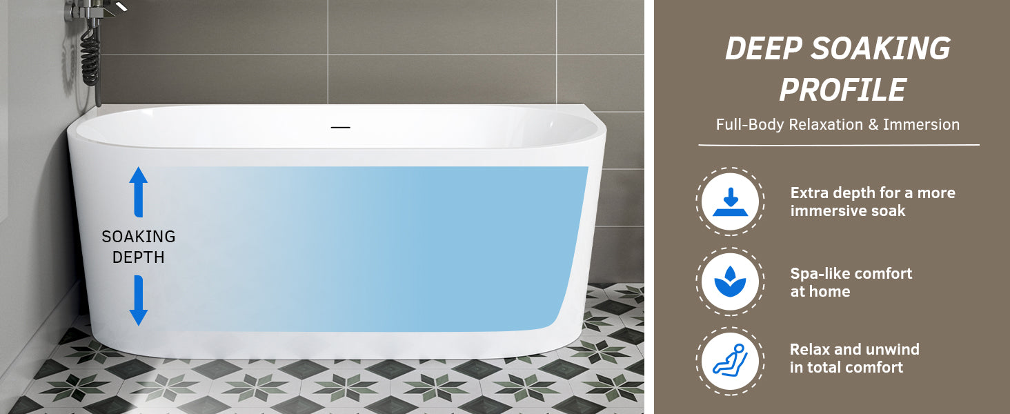 WOODBRIDGE 59" Back-to-Wall Freestanding Soaking Bathtub with Matte Black Drain, WE008