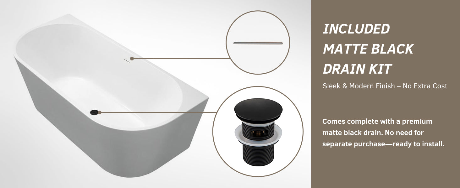 WOODBRIDGE 59" Back-to-Wall Freestanding Soaking Bathtub with Matte Black Drain, WE008