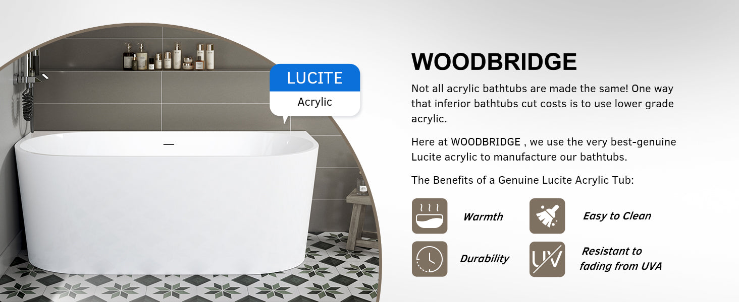 WOODBRIDGE 59" Back-to-Wall Freestanding Soaking Bathtub with Matte Black Drain, WE008