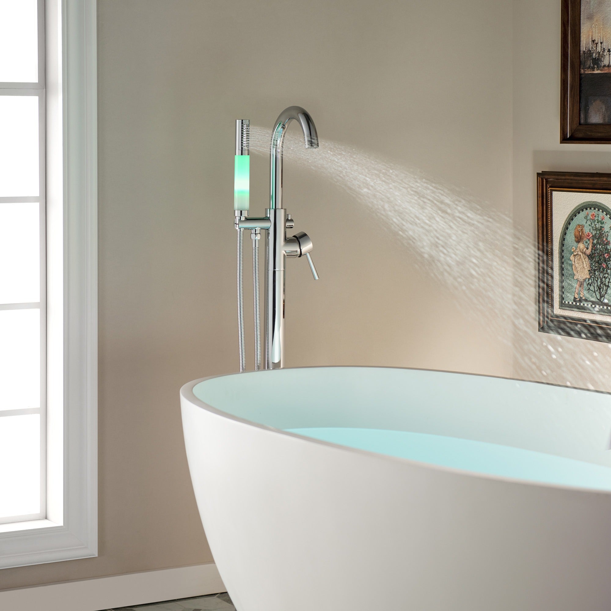 WOODBRIDGE Contemporary Single Handle Floor Mount Freestanding Tub Filler Faucet with Integrated LED Color-Changing Spray Head