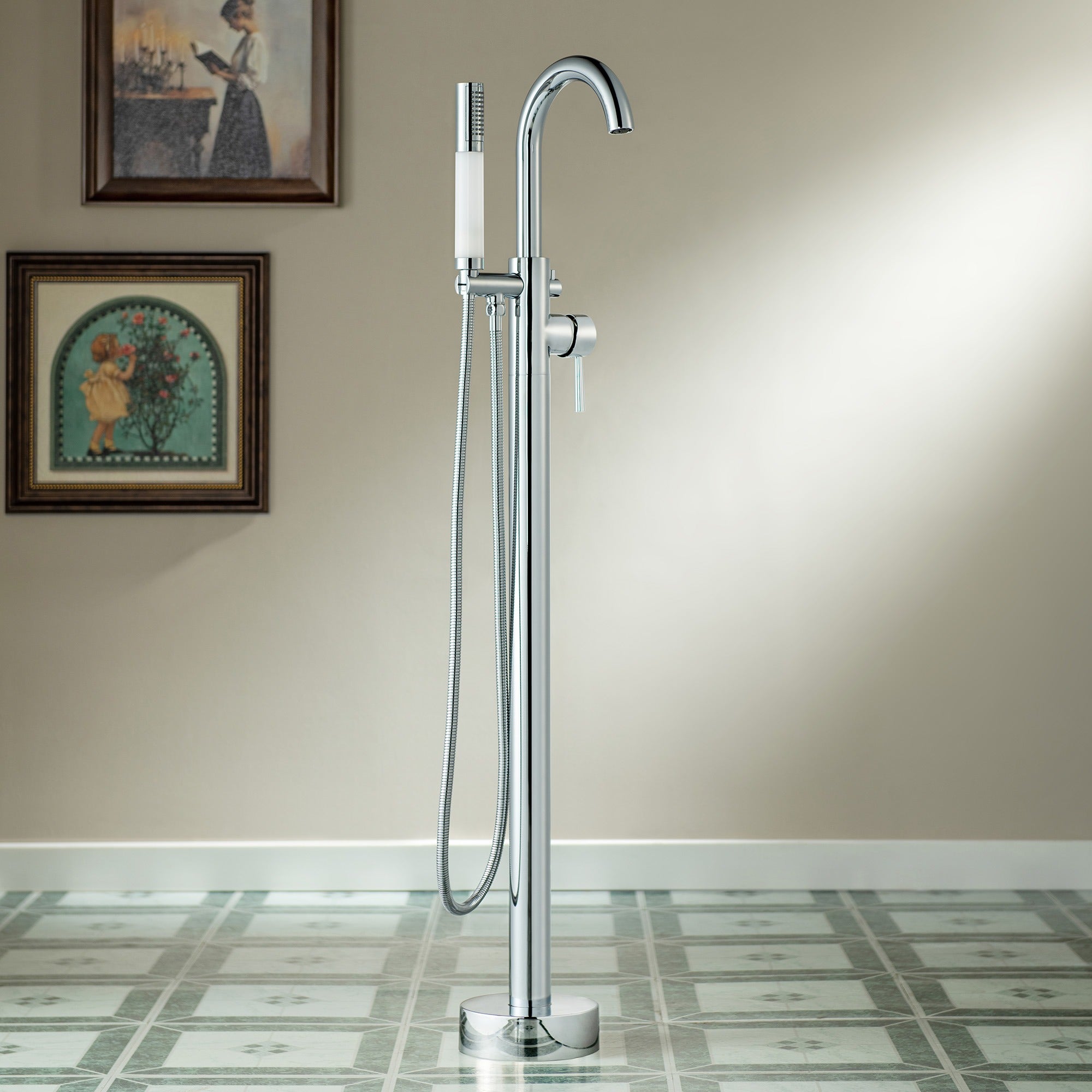 WOODBRIDGE Contemporary Single Handle Floor Mount Freestanding Tub Filler Faucet with Integrated LED Color-Changing Spray Head