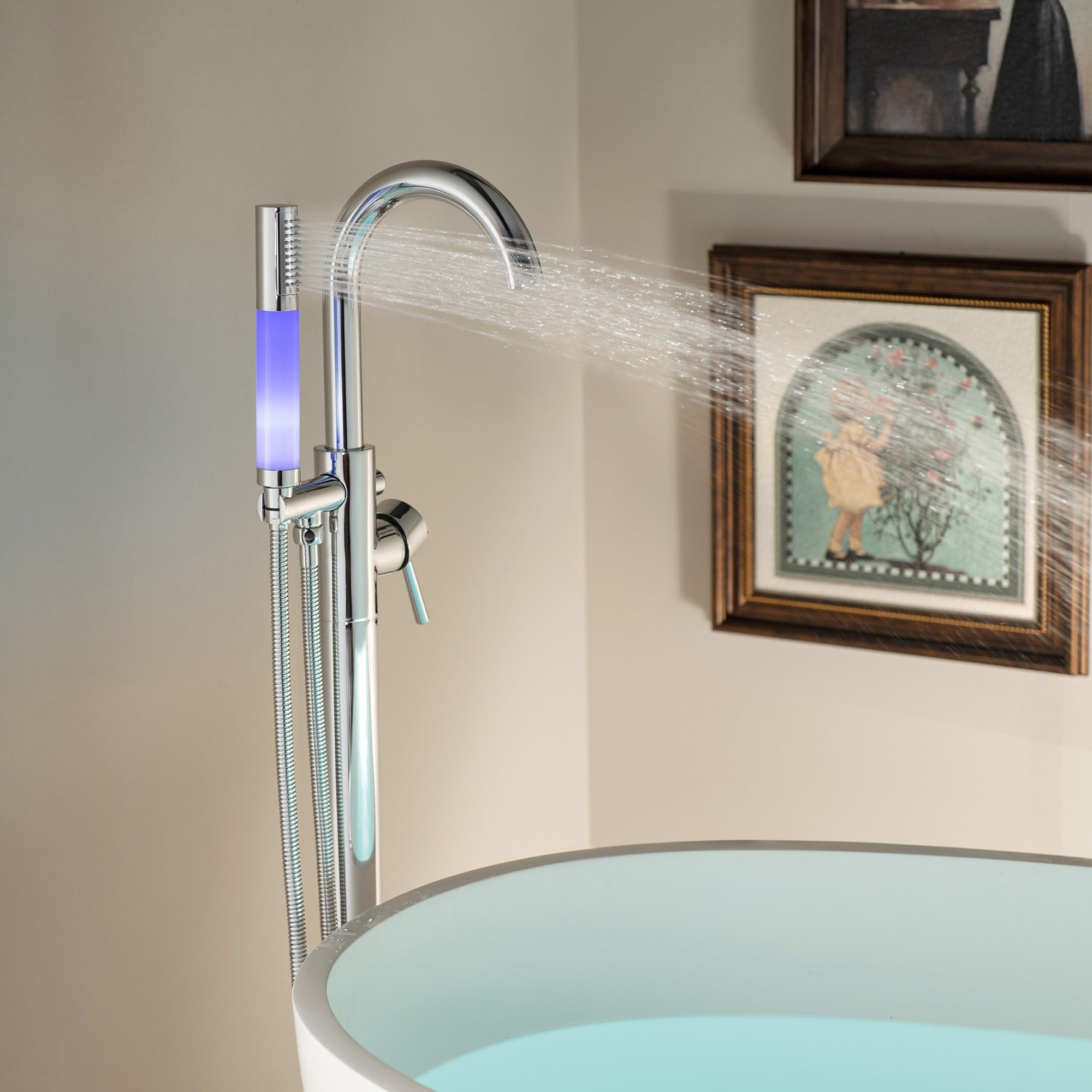 WOODBRIDGE Contemporary Single Handle Floor Mount Freestanding Tub Filler Faucet with Integrated LED Color-Changing Spray Head
