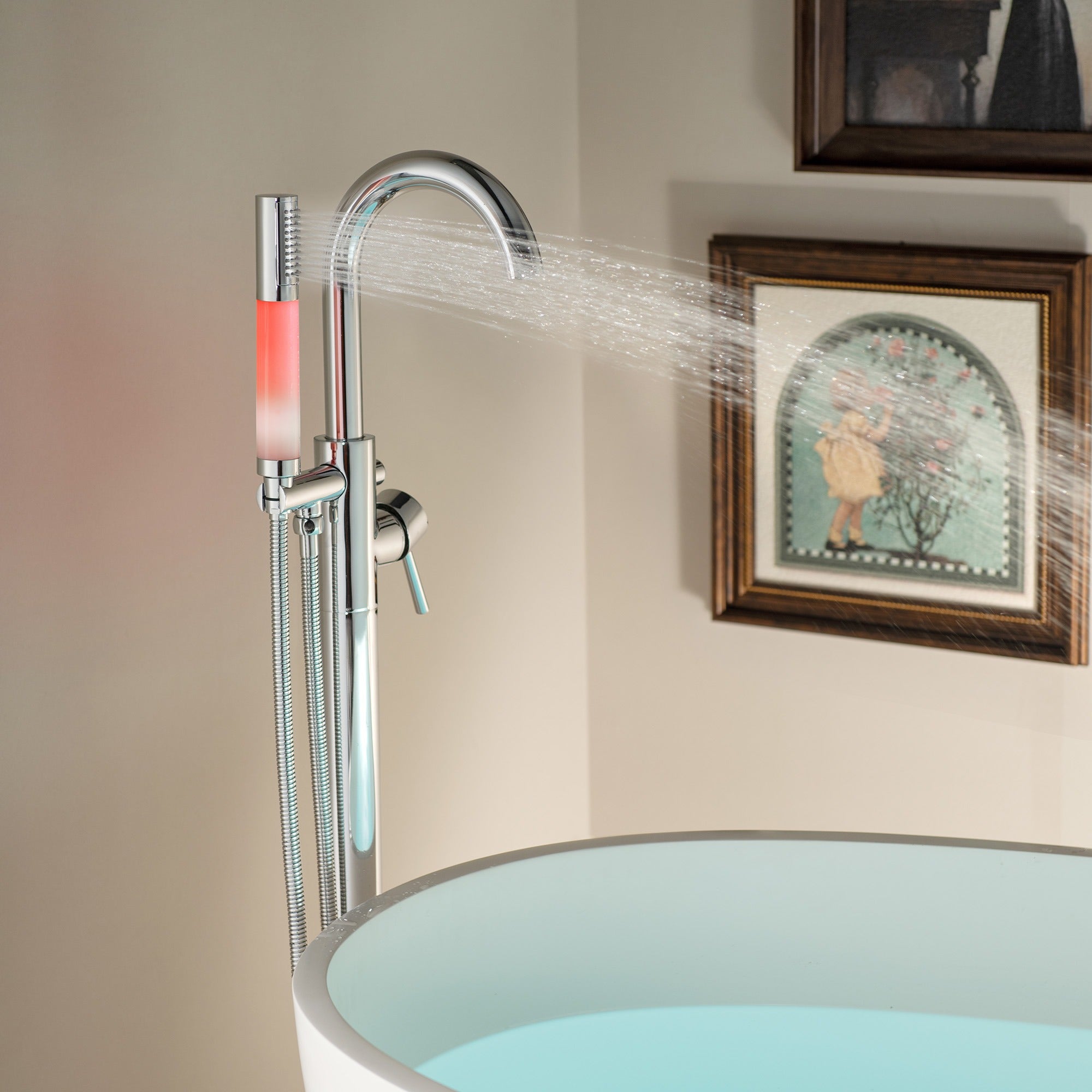 WOODBRIDGE Contemporary Single Handle Floor Mount Freestanding Tub Filler Faucet with Integrated LED Color-Changing Spray Head