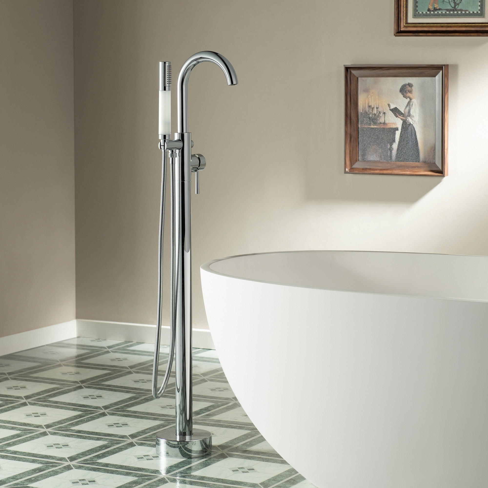WOODBRIDGE Contemporary Single Handle Floor Mount Freestanding Tub Filler Faucet with Integrated LED Color-Changing Spray Head