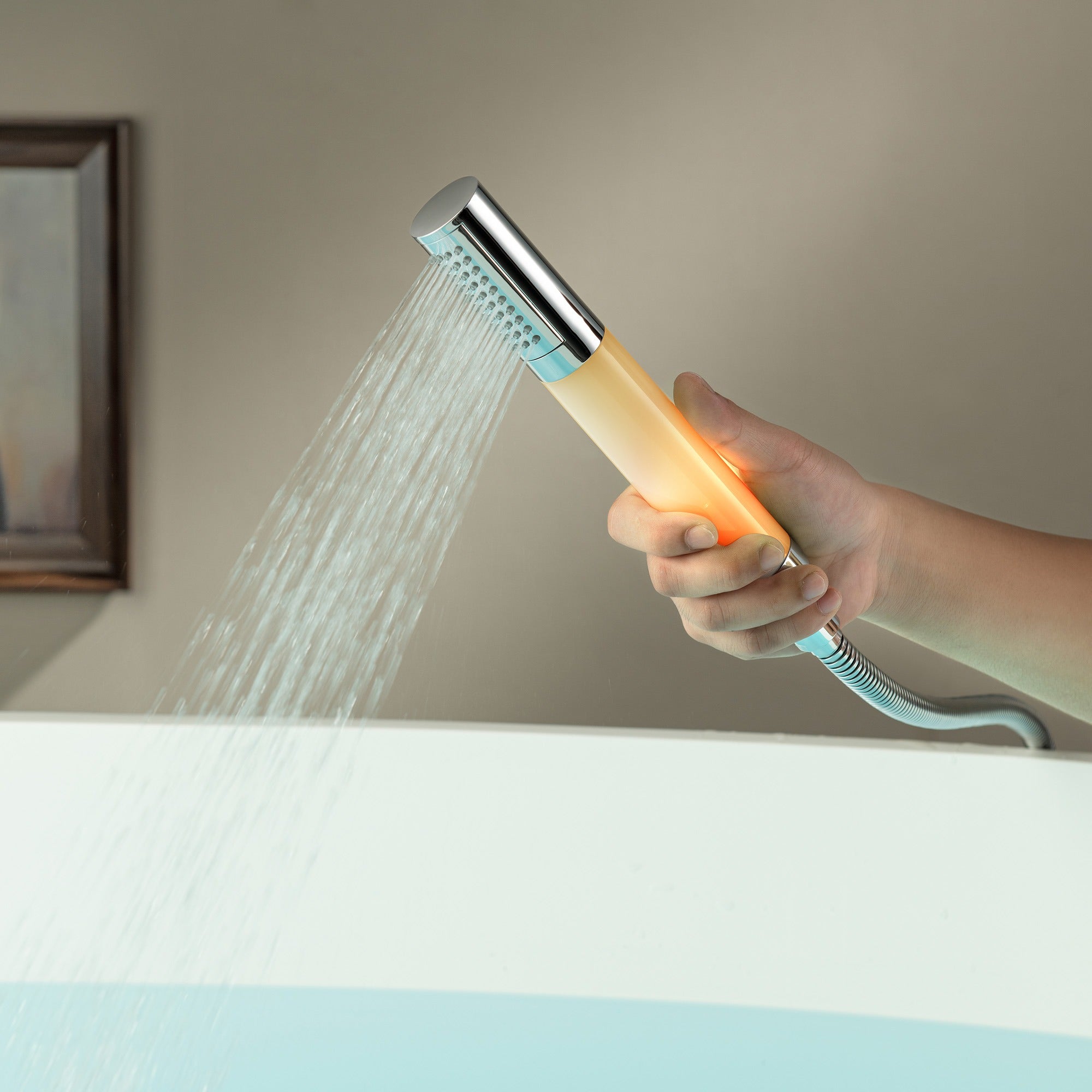 WOODBRIDGE Contemporary Single Handle Floor Mount Freestanding Tub Filler Faucet with Integrated LED Color-Changing Spray Head