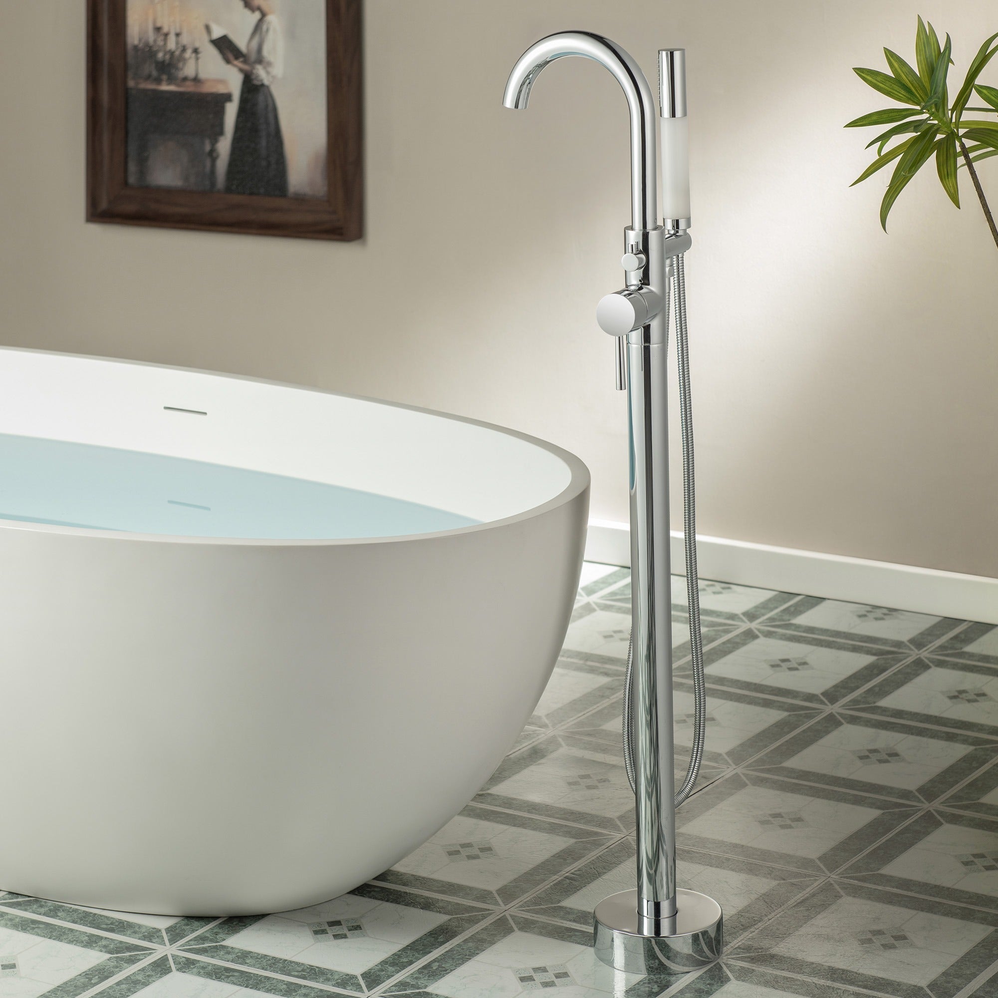 WOODBRIDGE Contemporary Single Handle Floor Mount Freestanding Tub Filler Faucet with Integrated LED Color-Changing Spray Head