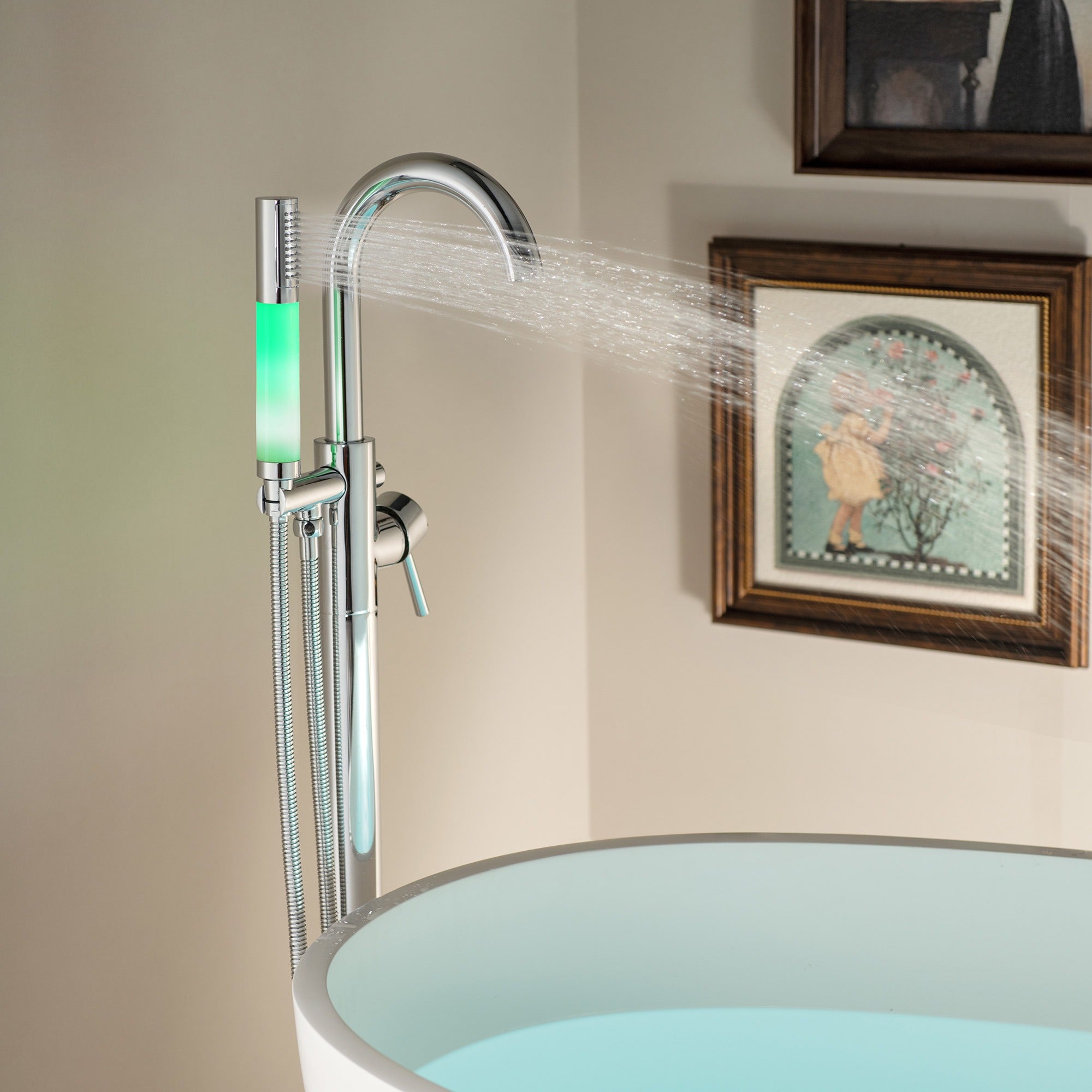 WOODBRIDGE Contemporary Single Handle Floor Mount Freestanding Tub Filler Faucet with Integrated LED Color-Changing Spray Head