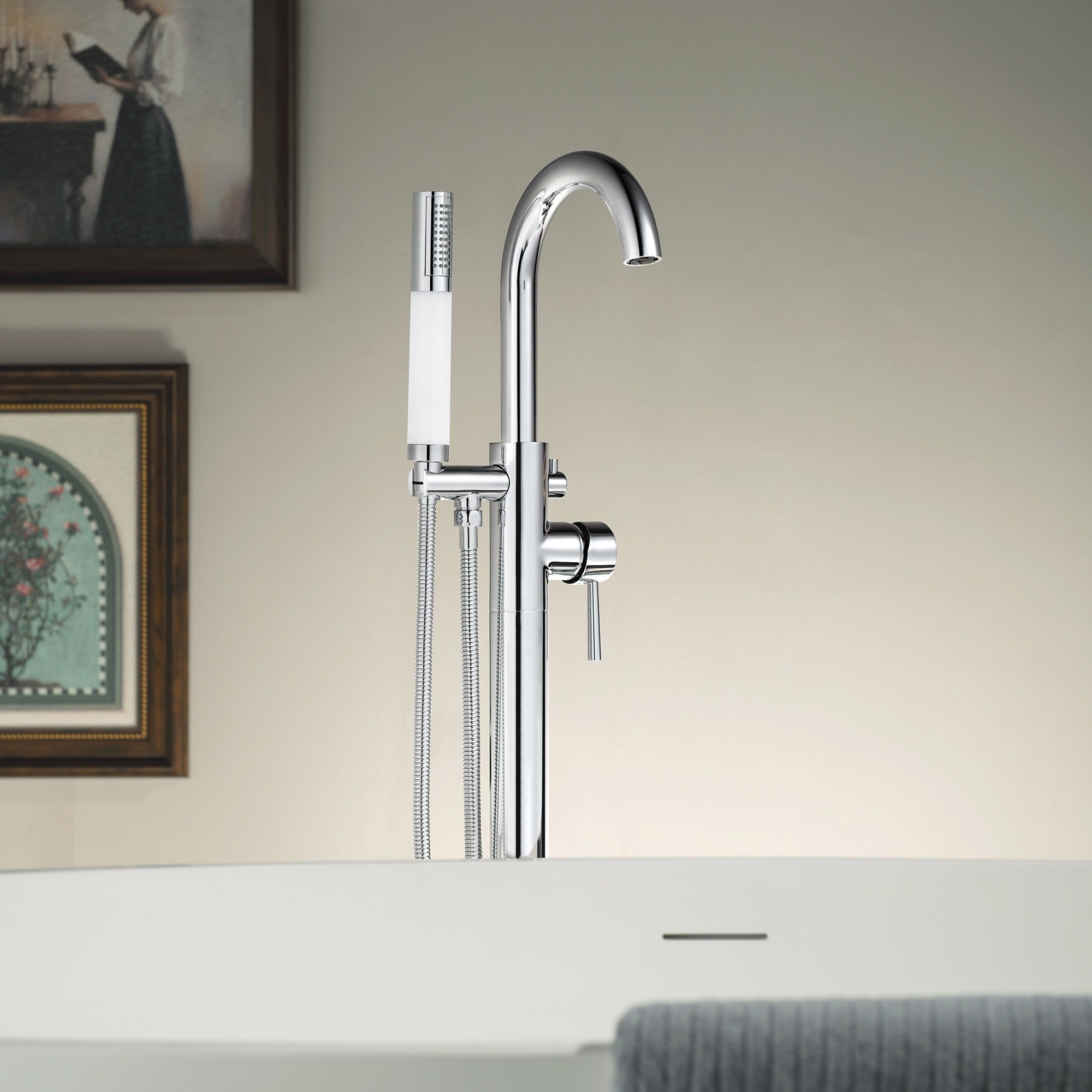 WOODBRIDGE Contemporary Single Handle Floor Mount Freestanding Tub Filler Faucet with Integrated LED Color-Changing Spray Head
