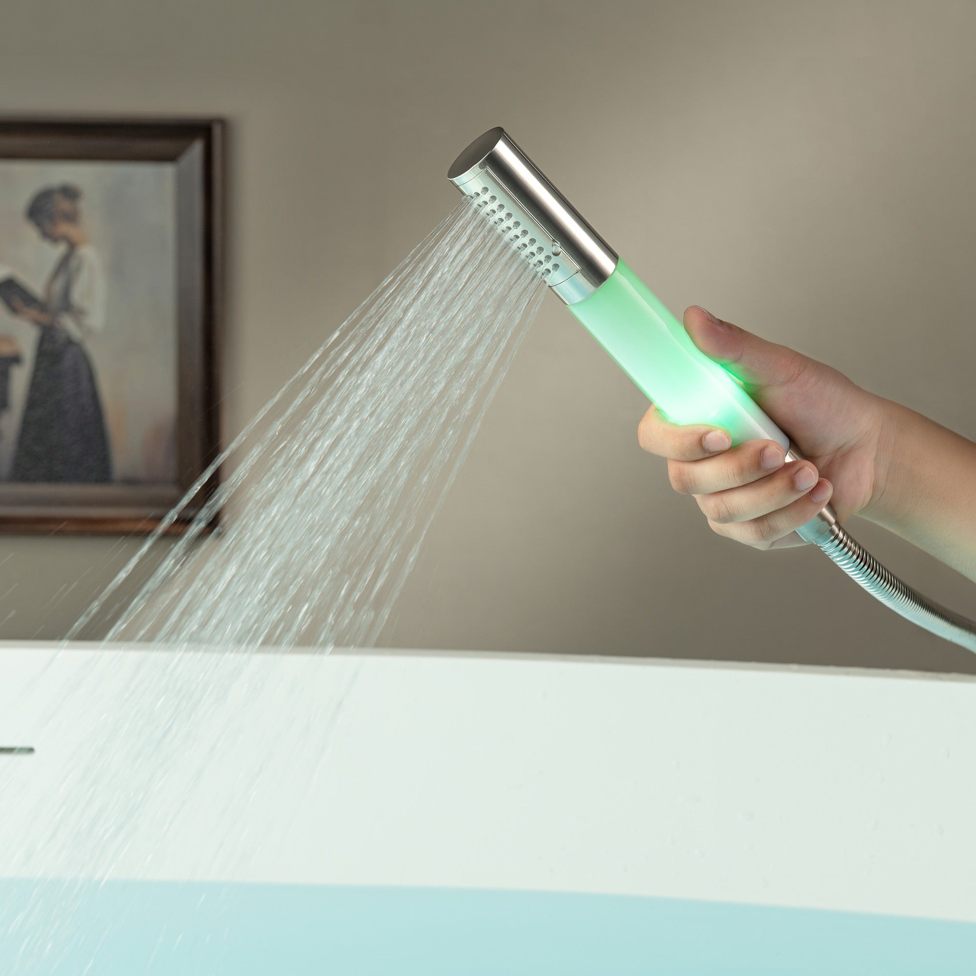 WOODBRIDGE Contemporary Single Handle Floor Mount Freestanding Tub Filler Faucet with Integrated LED Color-Changing Spray Head