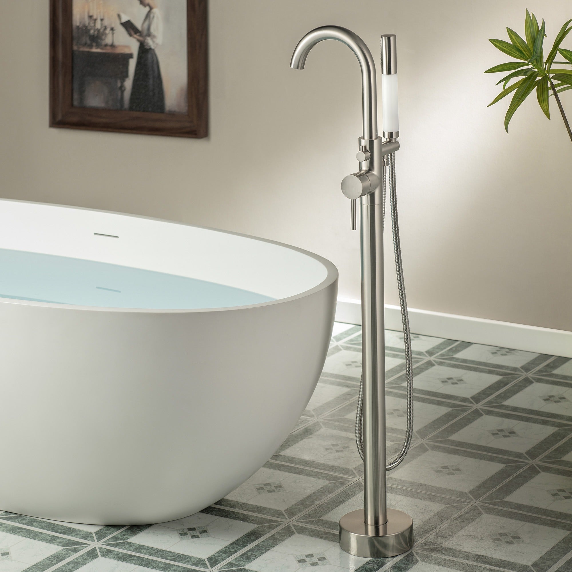 WOODBRIDGE Contemporary Single Handle Floor Mount Freestanding Tub Filler Faucet with Integrated LED Color-Changing Spray Head