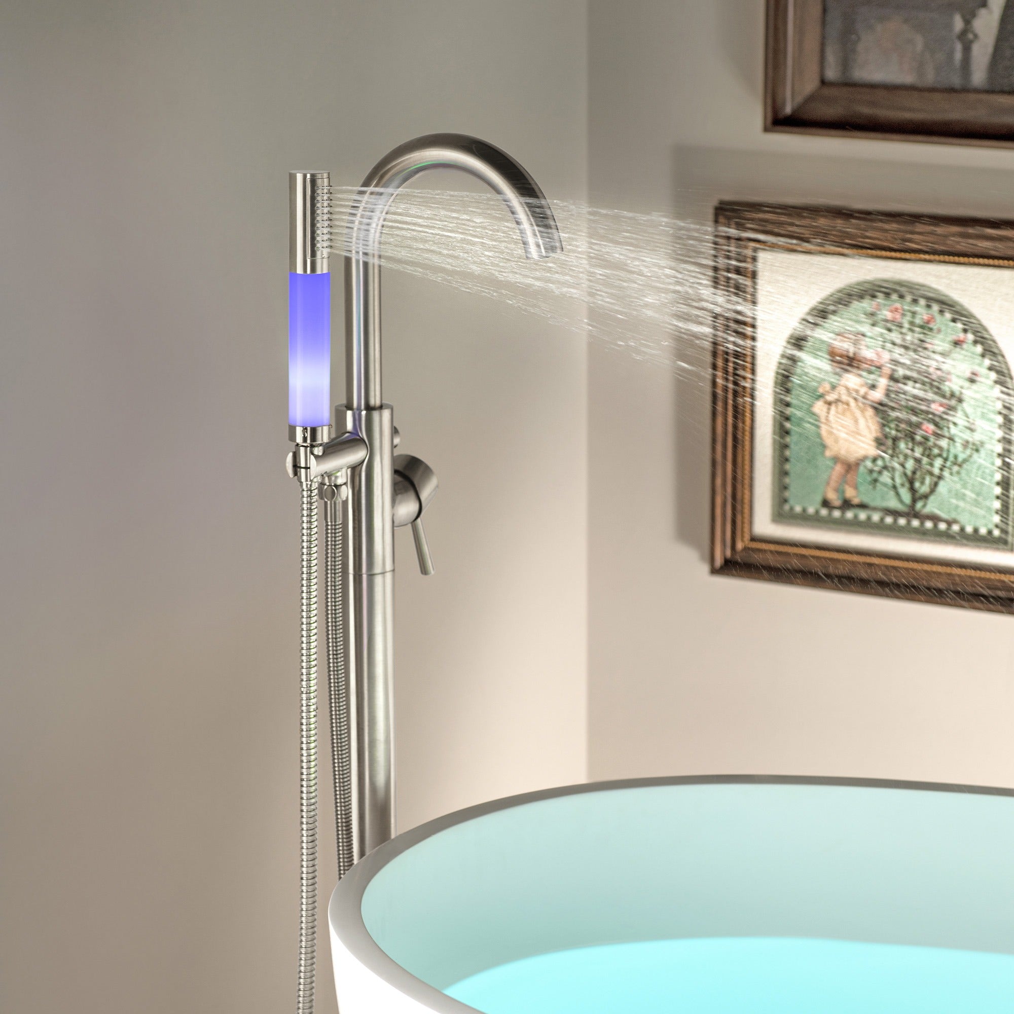 WOODBRIDGE Contemporary Single Handle Floor Mount Freestanding Tub Filler Faucet with Integrated LED Color-Changing Spray Head