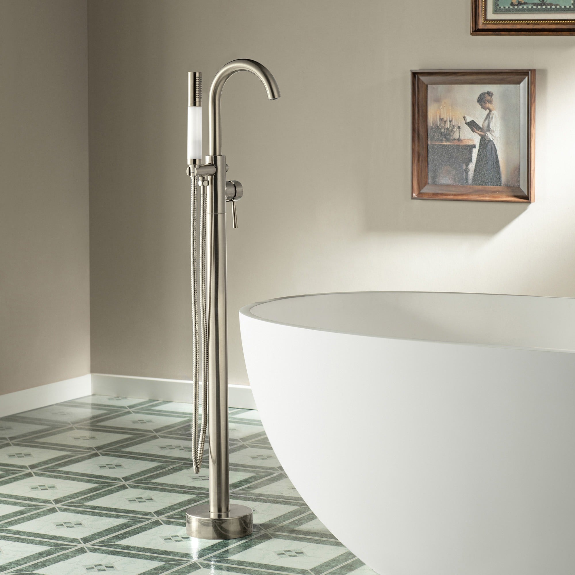 WOODBRIDGE Contemporary Single Handle Floor Mount Freestanding Tub Filler Faucet with Integrated LED Color-Changing Spray Head