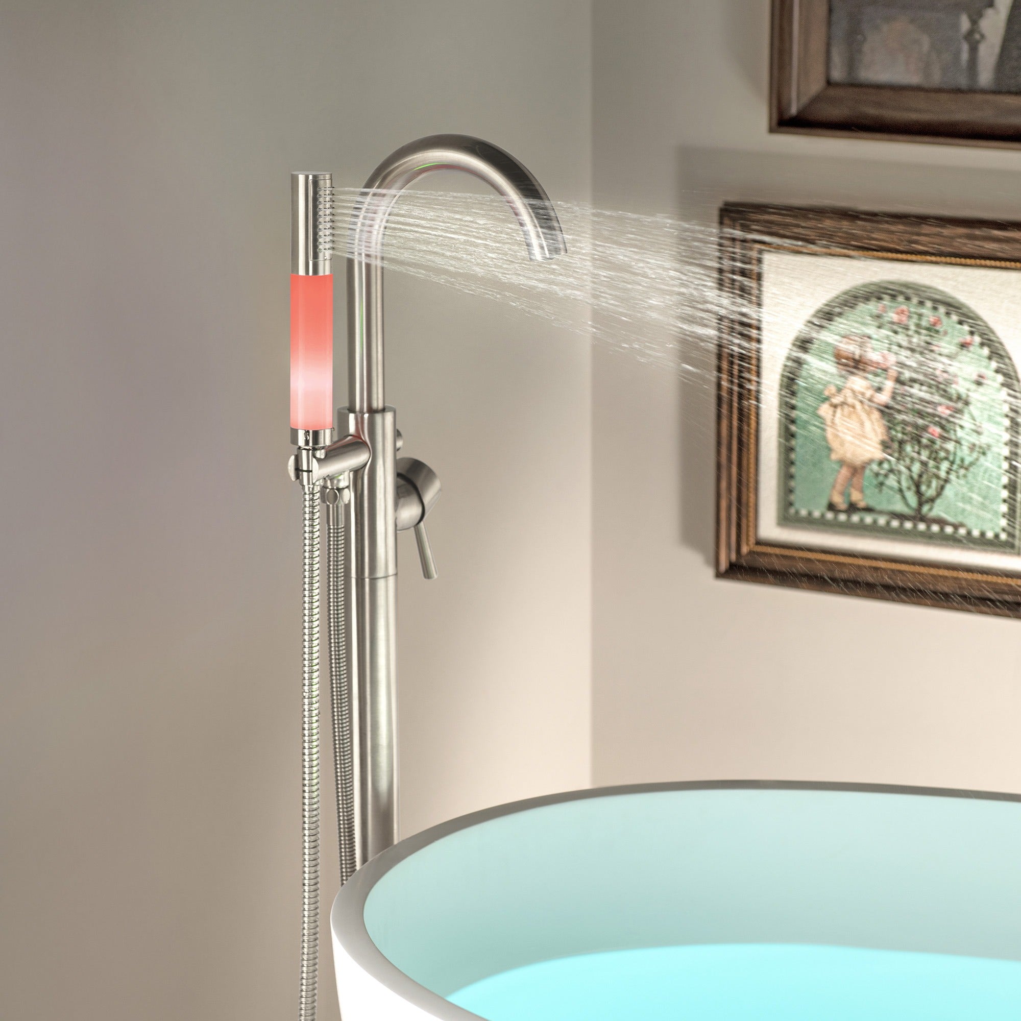 WOODBRIDGE Contemporary Single Handle Floor Mount Freestanding Tub Filler Faucet with Integrated LED Color-Changing Spray Head