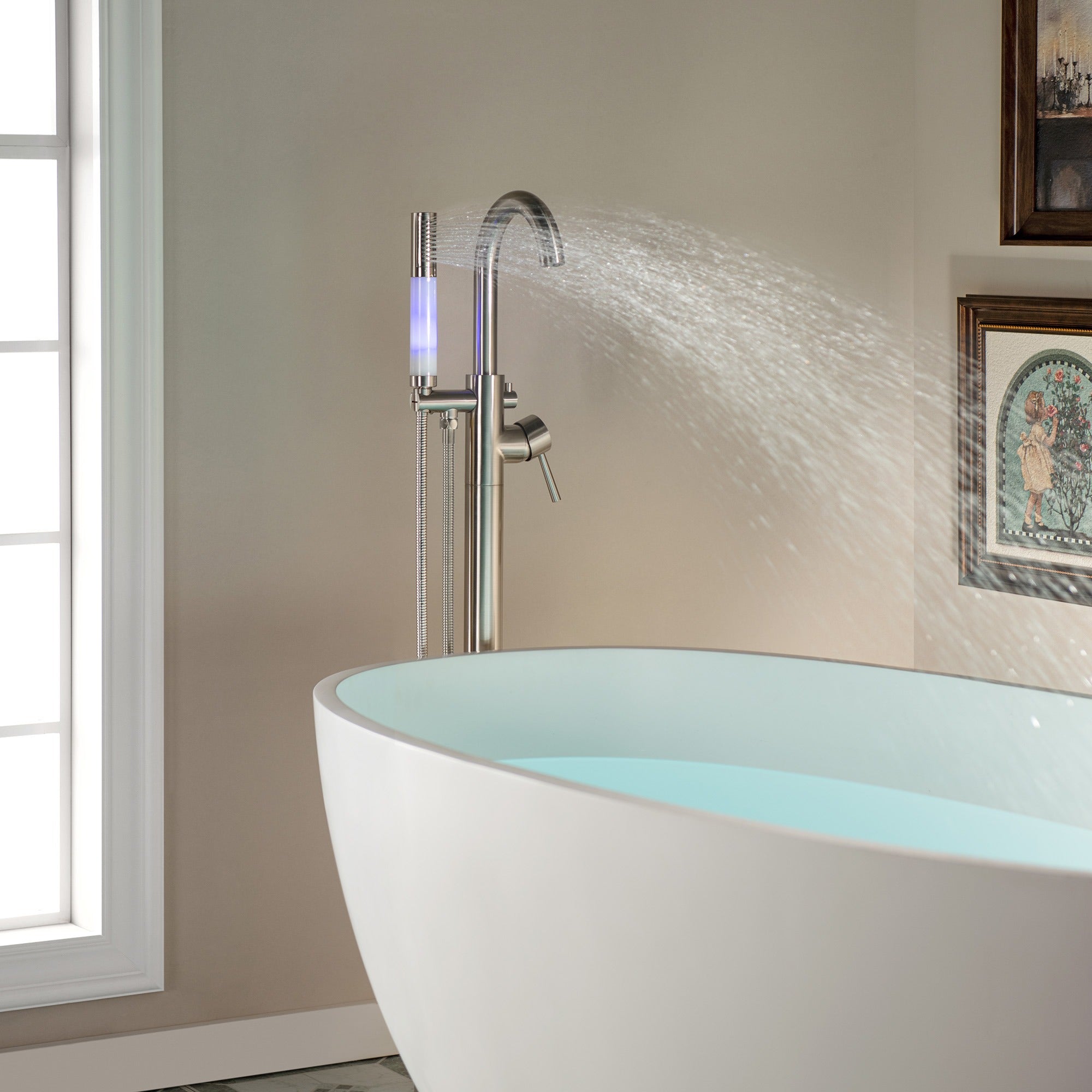 WOODBRIDGE Contemporary Single Handle Floor Mount Freestanding Tub Filler Faucet with Integrated LED Color-Changing Spray Head