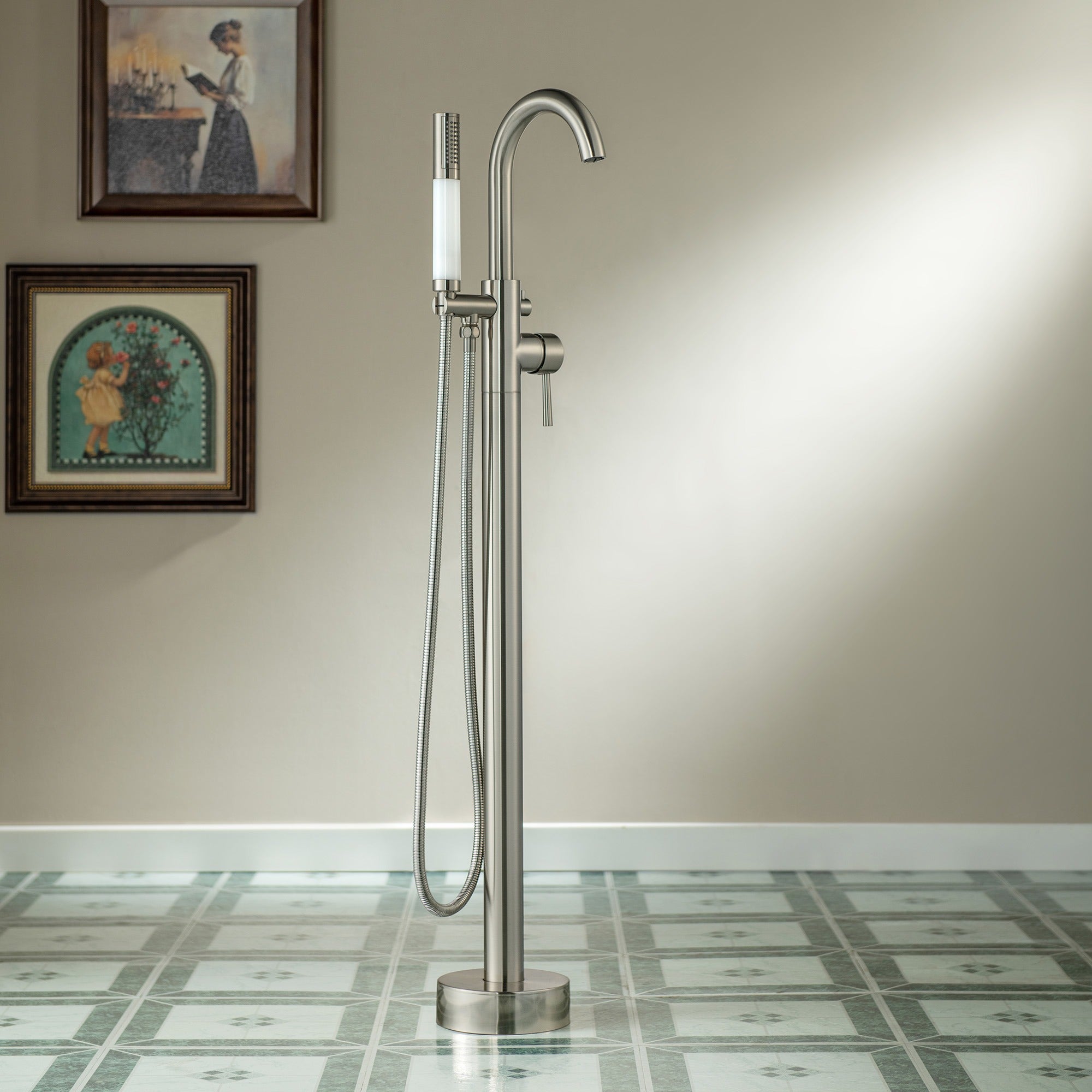 WOODBRIDGE Contemporary Single Handle Floor Mount Freestanding Tub Filler Faucet with Integrated LED Color-Changing Spray Head