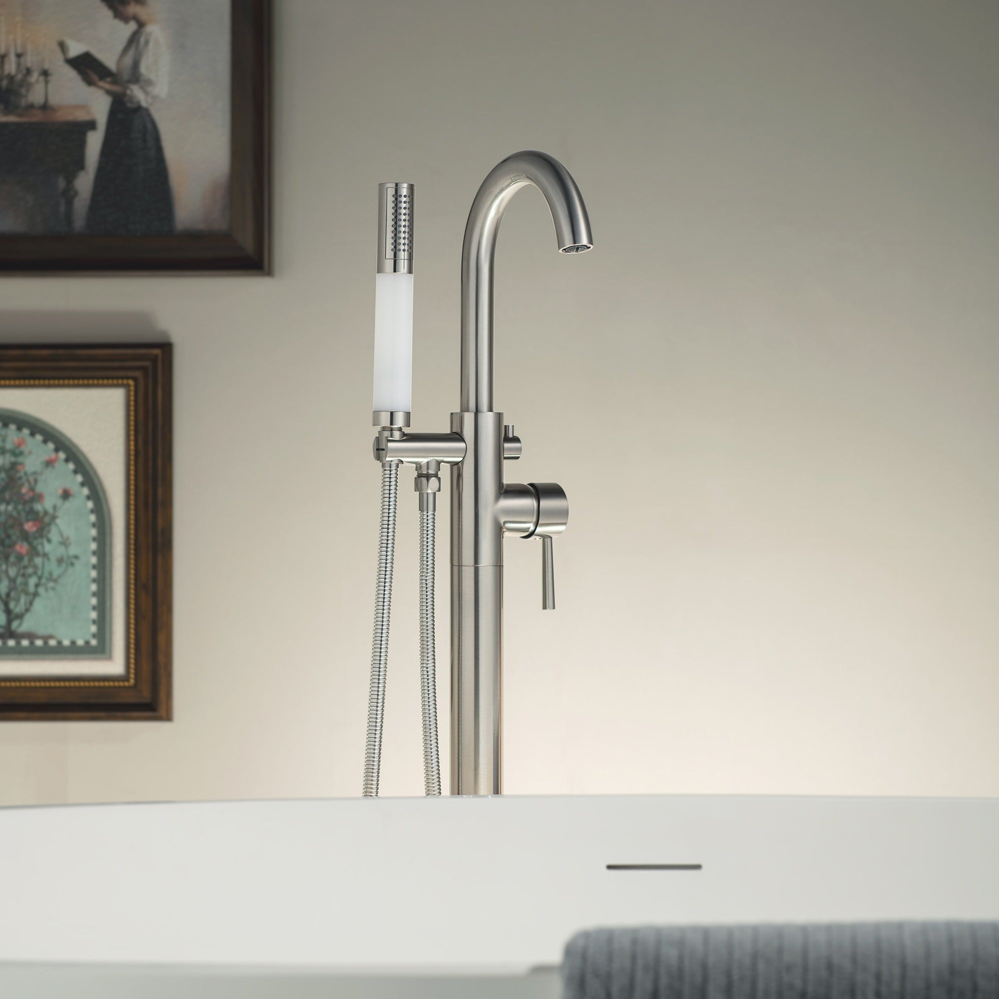 WOODBRIDGE Contemporary Single Handle Floor Mount Freestanding Tub Filler Faucet with Integrated LED Color-Changing Spray Head