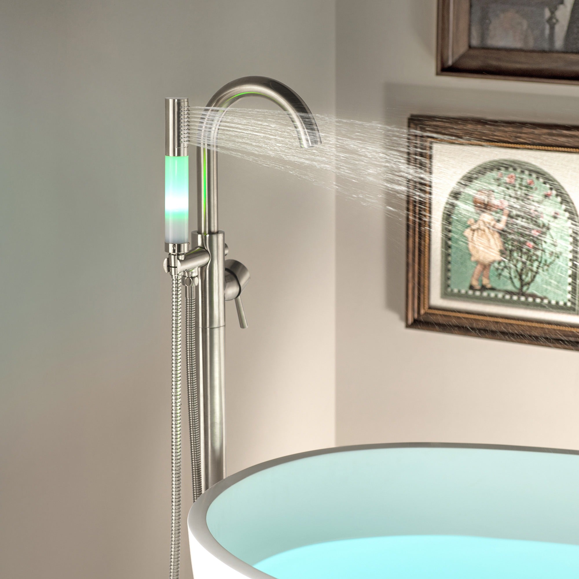 WOODBRIDGE Contemporary Single Handle Floor Mount Freestanding Tub Filler Faucet with Integrated LED Color-Changing Spray Head