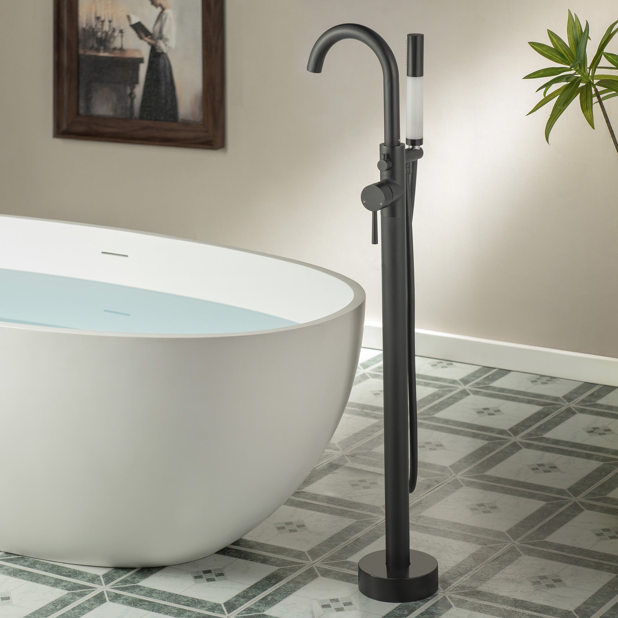 WOODBRIDGE Contemporary Single Handle Floor Mount Freestanding Tub Filler Faucet with Integrated LED Color-Changing Spray Head