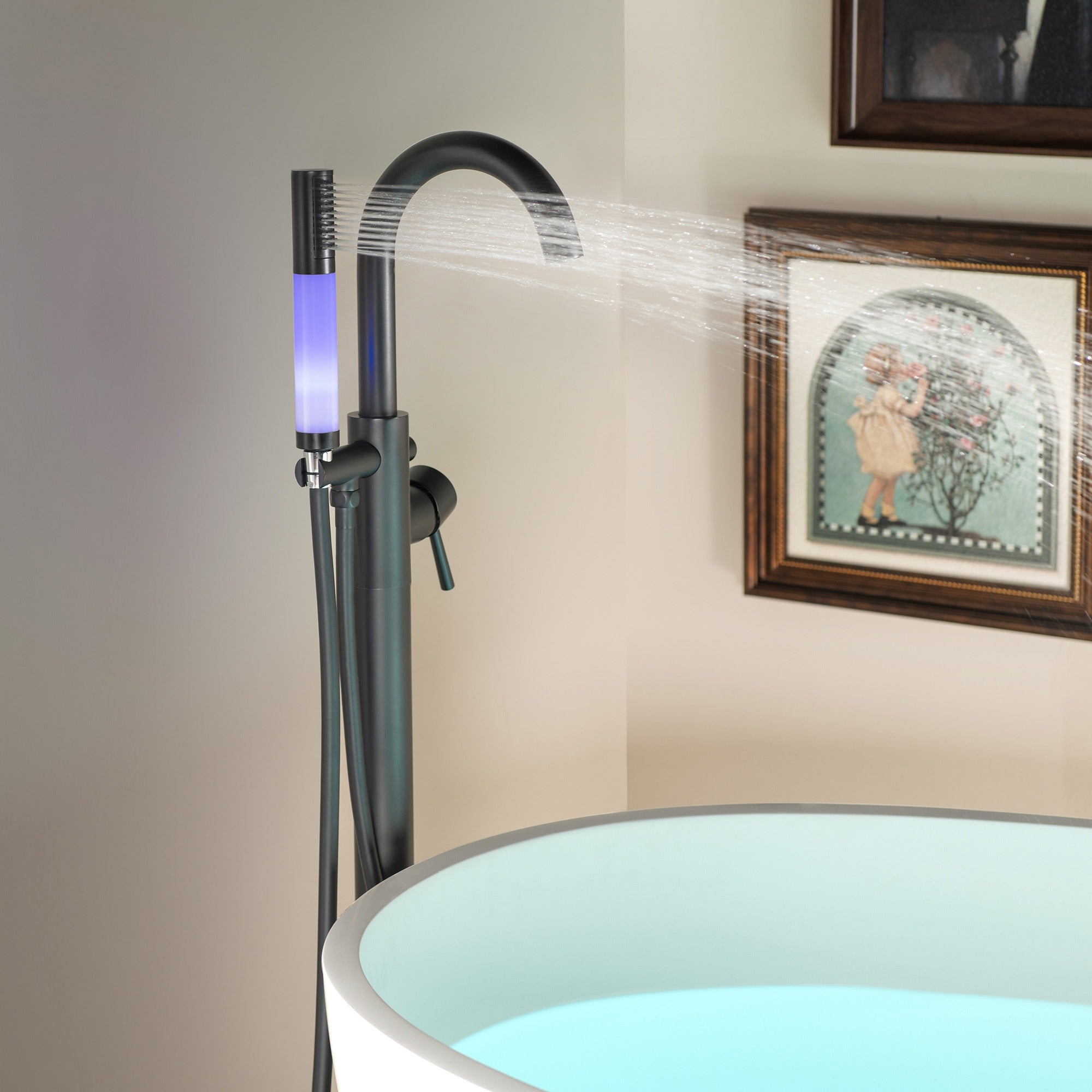 WOODBRIDGE Contemporary Single Handle Floor Mount Freestanding Tub Filler Faucet with Integrated LED Color-Changing Spray Head