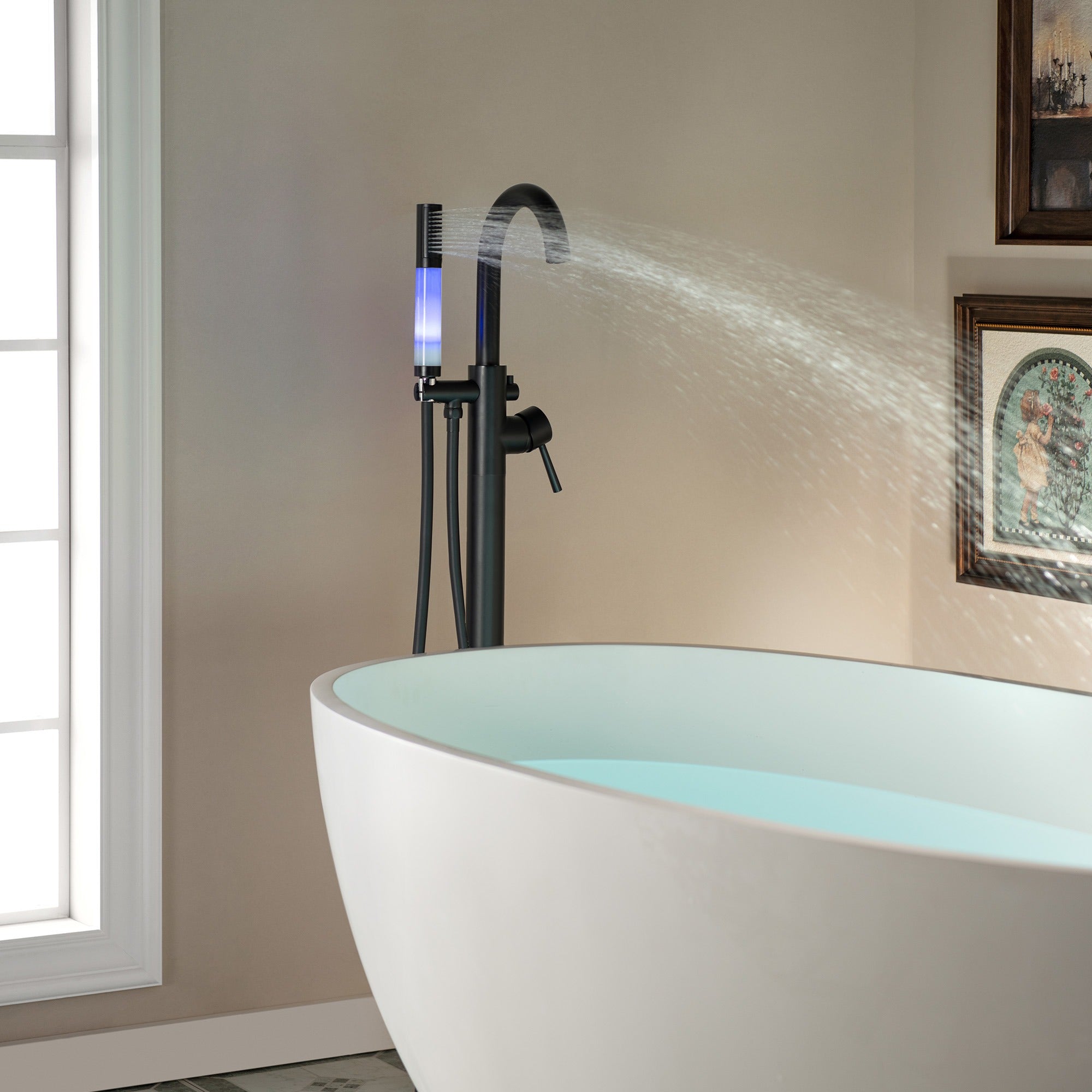 WOODBRIDGE Contemporary Single Handle Floor Mount Freestanding Tub Filler Faucet with Integrated LED Color-Changing Spray Head