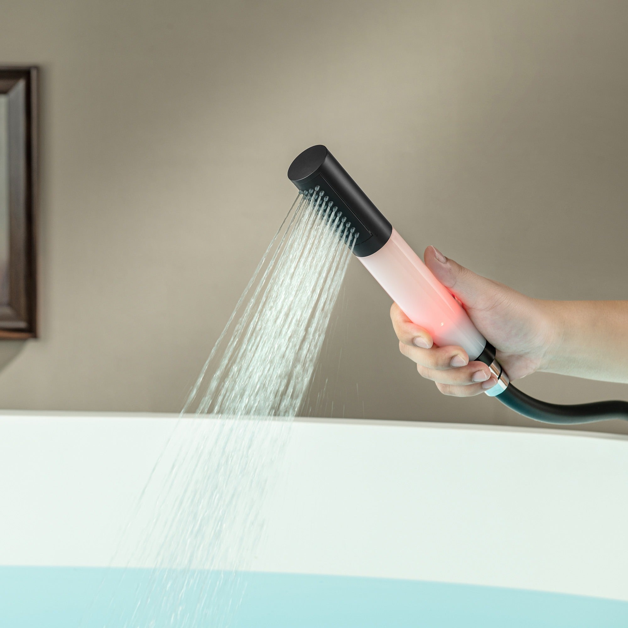 WOODBRIDGE Contemporary Single Handle Floor Mount Freestanding Tub Filler Faucet with Integrated LED Color-Changing Spray Head