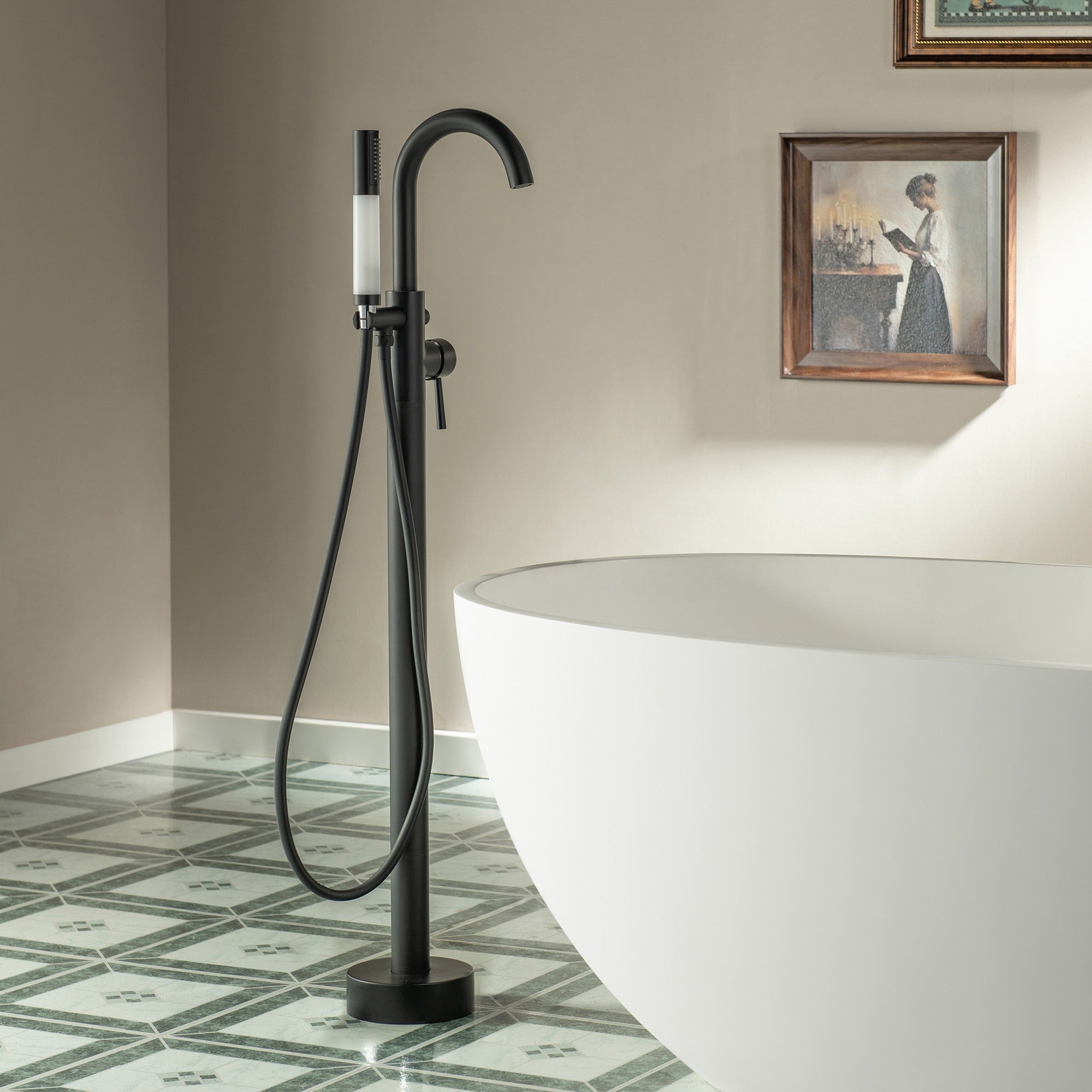 WOODBRIDGE Contemporary Single Handle Floor Mount Freestanding Tub Filler Faucet with Integrated LED Color-Changing Spray Head