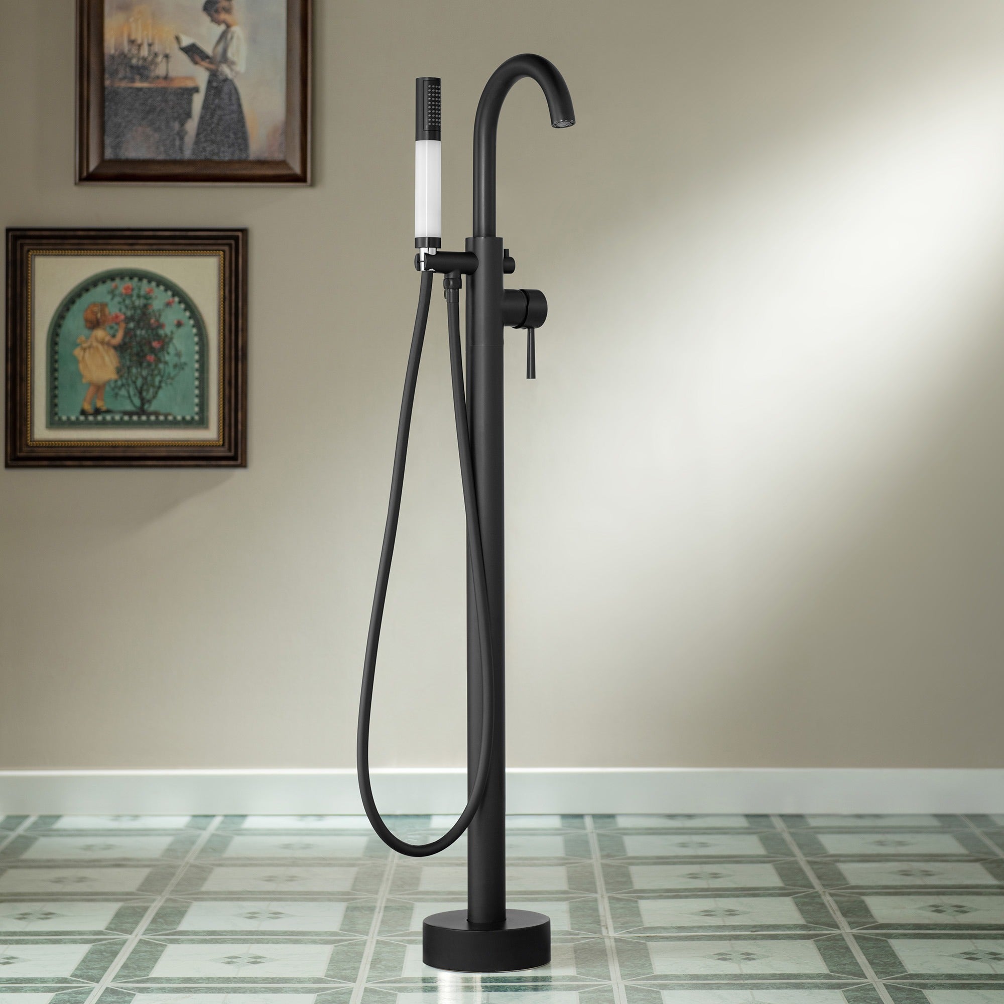 WOODBRIDGE Contemporary Single Handle Floor Mount Freestanding Tub Filler Faucet with Integrated LED Color-Changing Spray Head