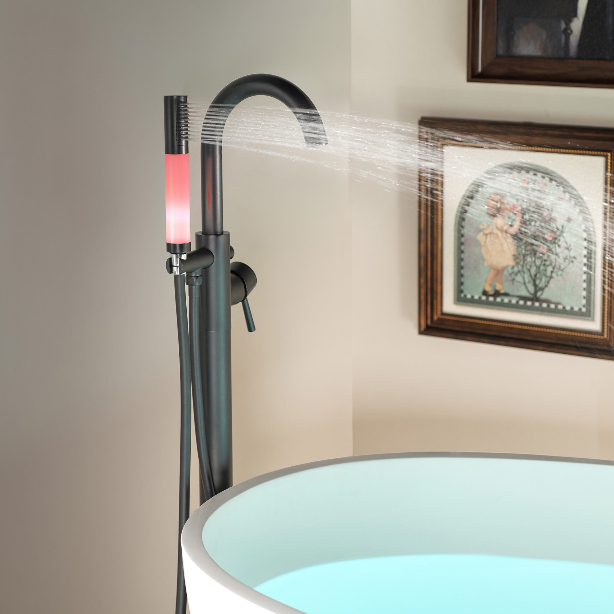 WOODBRIDGE Contemporary Single Handle Floor Mount Freestanding Tub Filler Faucet with Integrated LED Color-Changing Spray Head