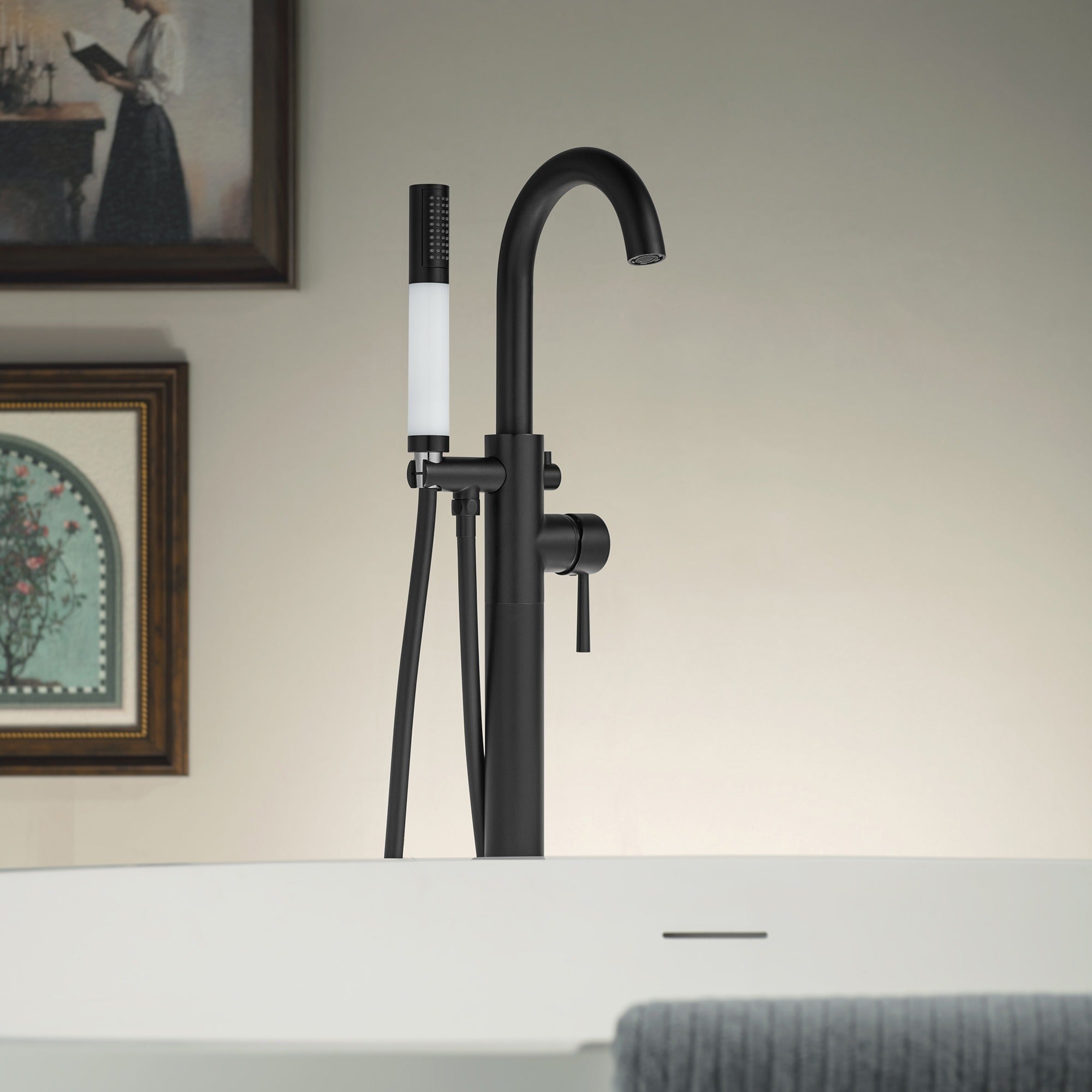 WOODBRIDGE Contemporary Single Handle Floor Mount Freestanding Tub Filler Faucet with Integrated LED Color-Changing Spray Head