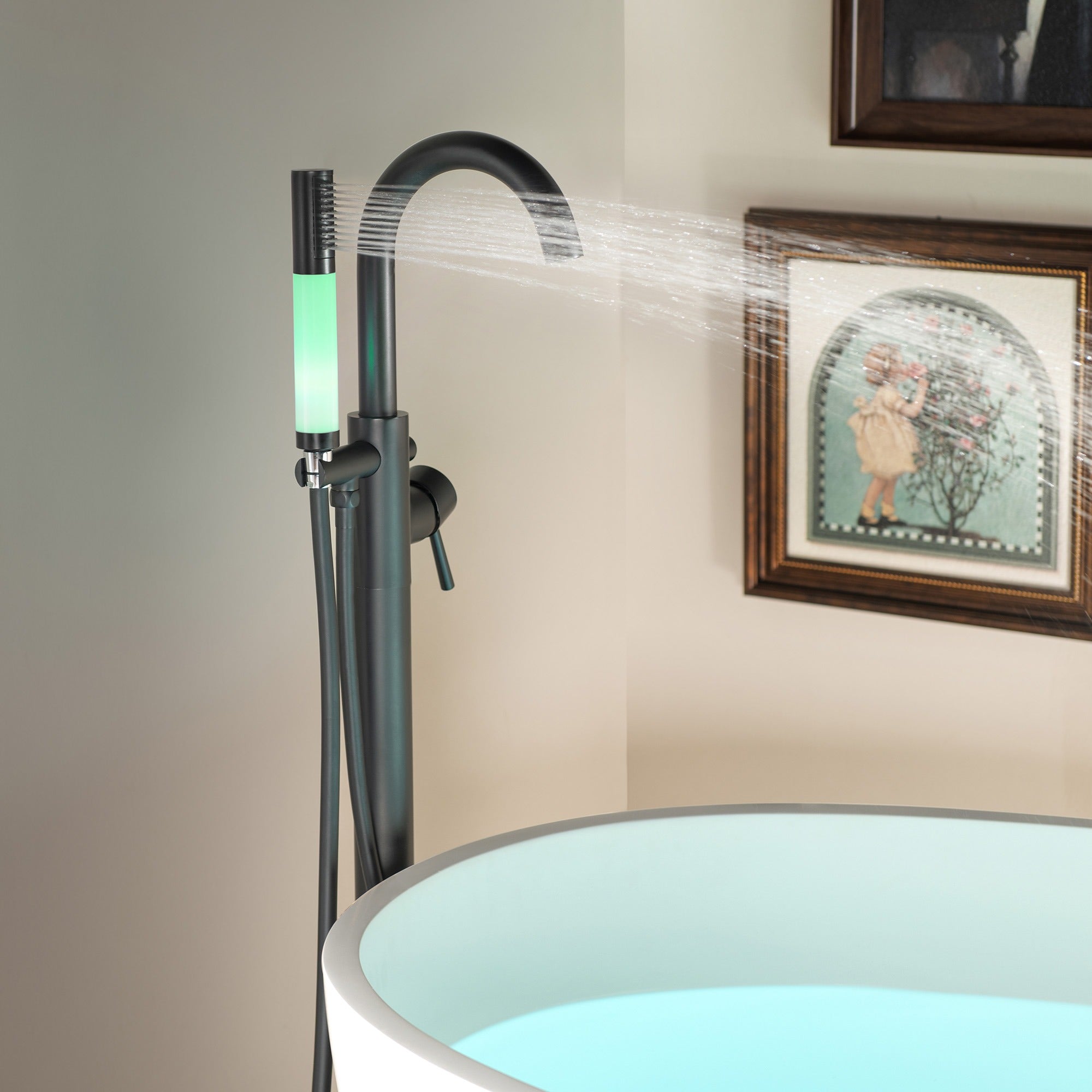 WOODBRIDGE Contemporary Single Handle Floor Mount Freestanding Tub Filler Faucet with Integrated LED Color-Changing Spray Head