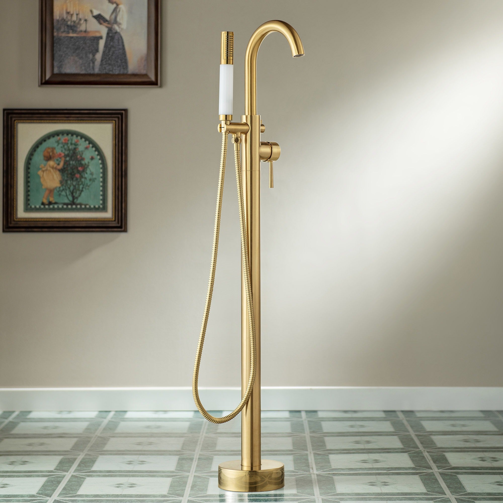WOODBRIDGE Contemporary Single Handle Floor Mount Freestanding Tub Filler Faucet with Integrated LED Color-Changing Spray Head