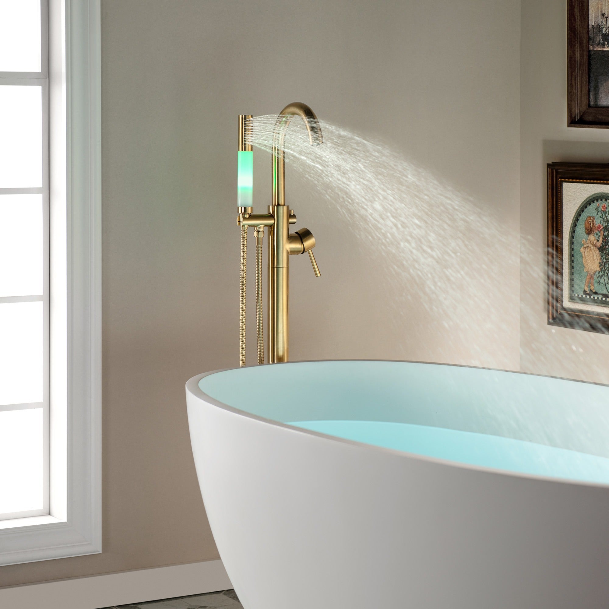 WOODBRIDGE Contemporary Single Handle Floor Mount Freestanding Tub Filler Faucet with Integrated LED Color-Changing Spray Head