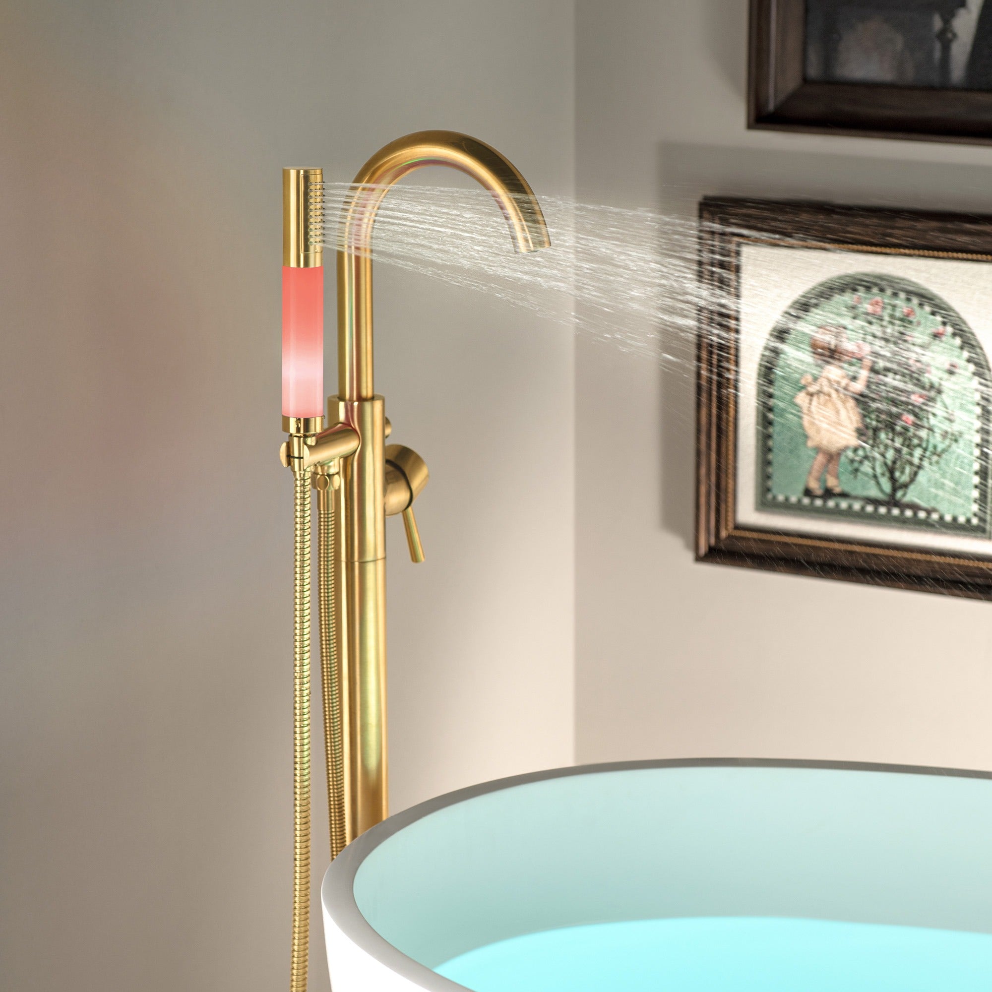 WOODBRIDGE Contemporary Single Handle Floor Mount Freestanding Tub Filler Faucet with Integrated LED Color-Changing Spray Head