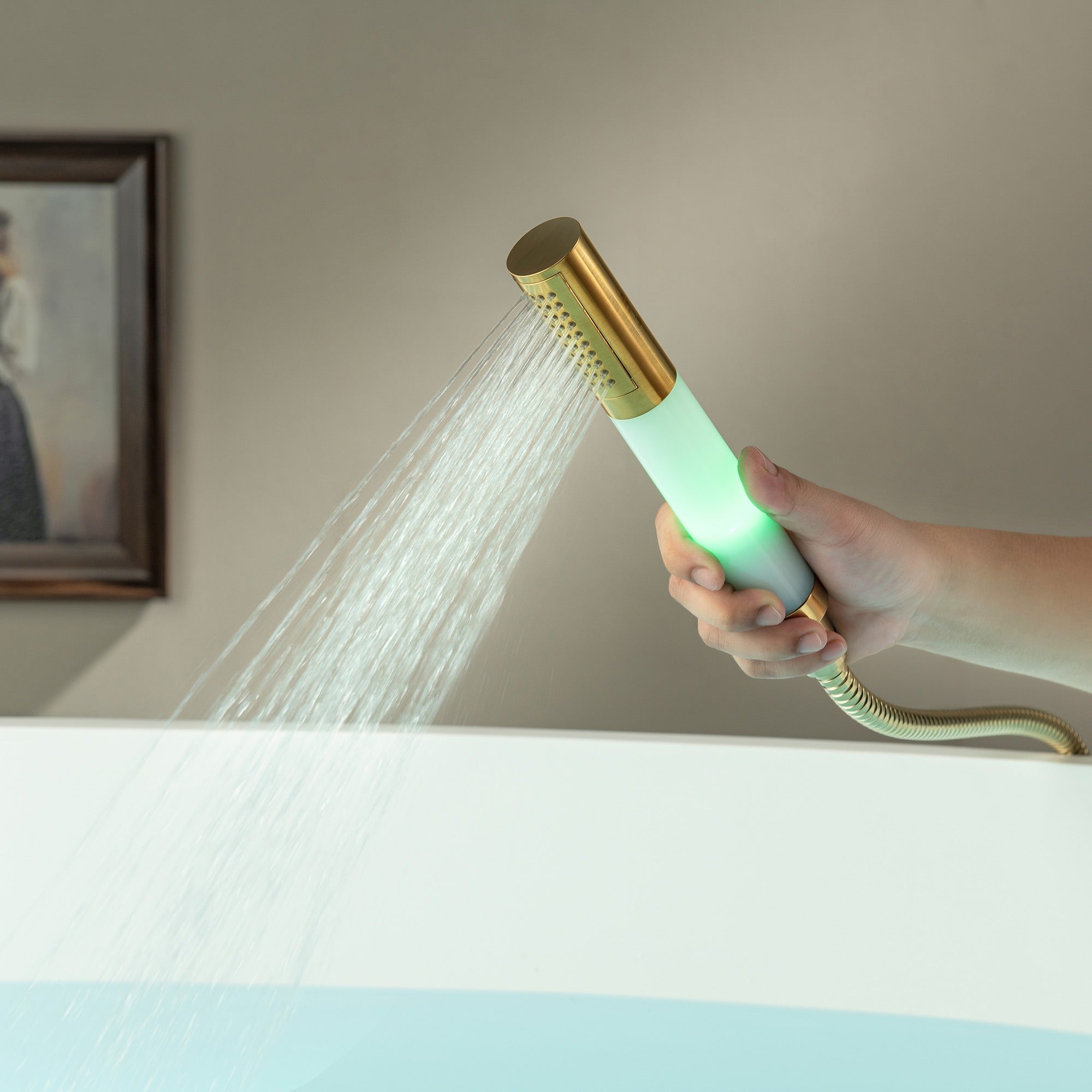 WOODBRIDGE Contemporary Single Handle Floor Mount Freestanding Tub Filler Faucet with Integrated LED Color-Changing Spray Head