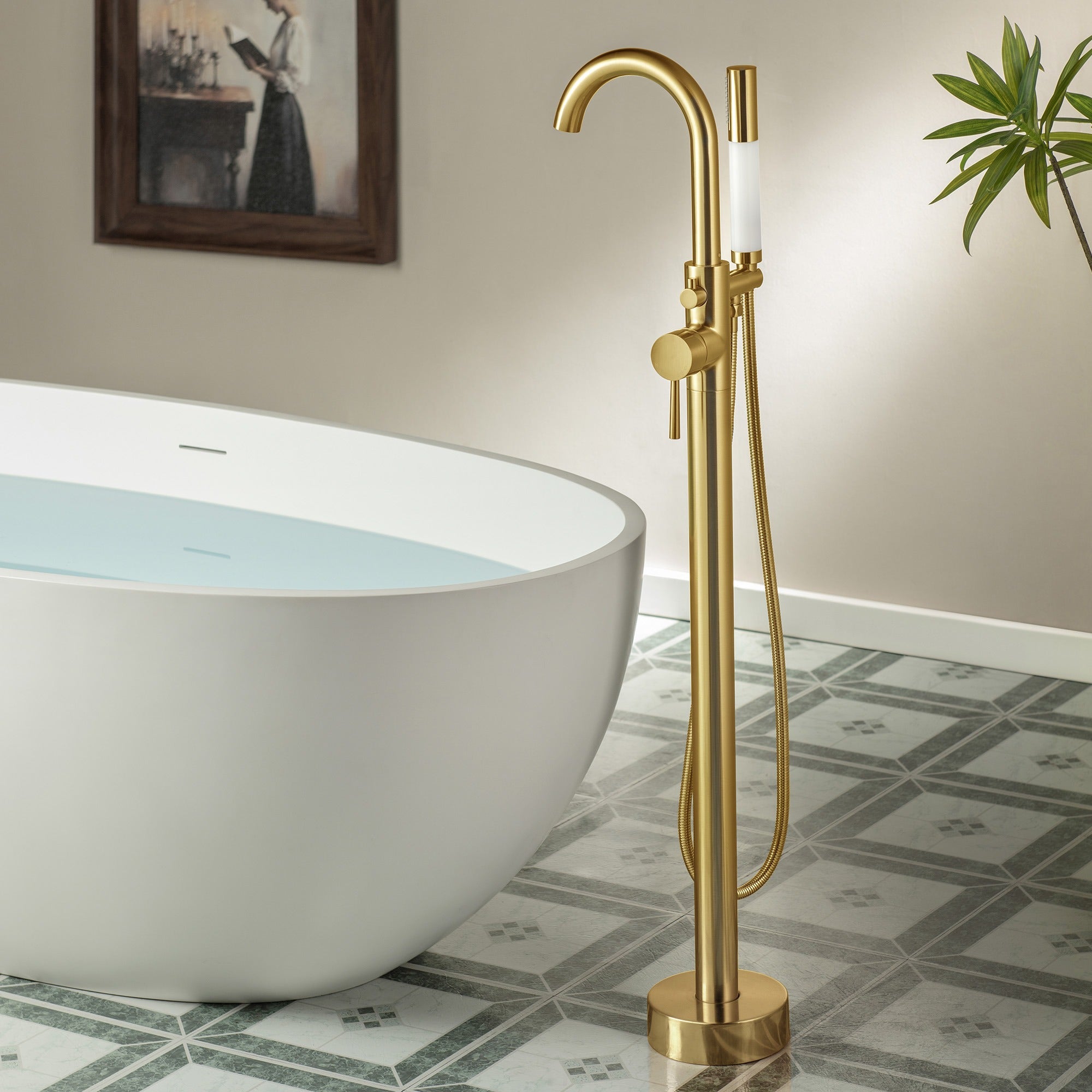 WOODBRIDGE Contemporary Single Handle Floor Mount Freestanding Tub Filler Faucet with Integrated LED Color-Changing Spray Head