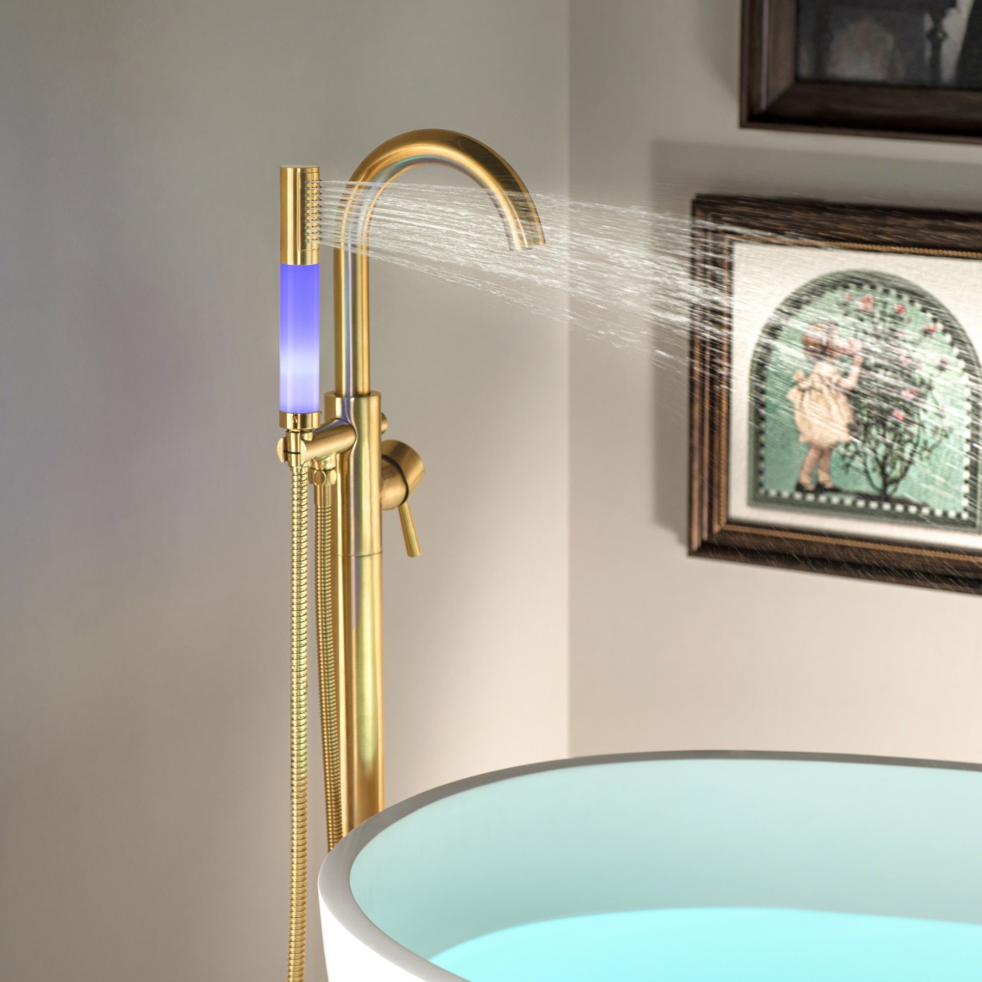 WOODBRIDGE Contemporary Single Handle Floor Mount Freestanding Tub Filler Faucet with Integrated LED Color-Changing Spray Head