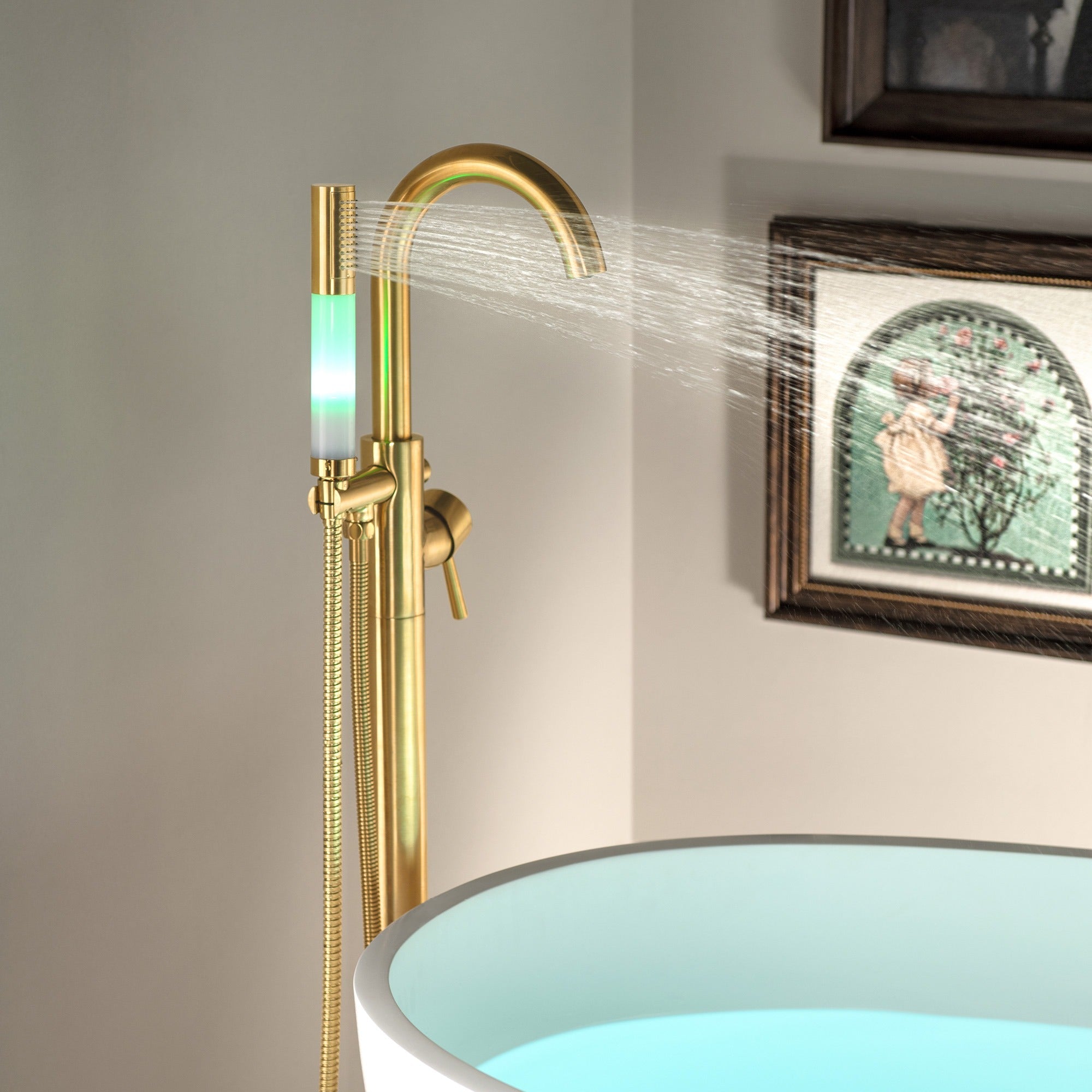 WOODBRIDGE Contemporary Single Handle Floor Mount Freestanding Tub Filler Faucet with Integrated LED Color-Changing Spray Head