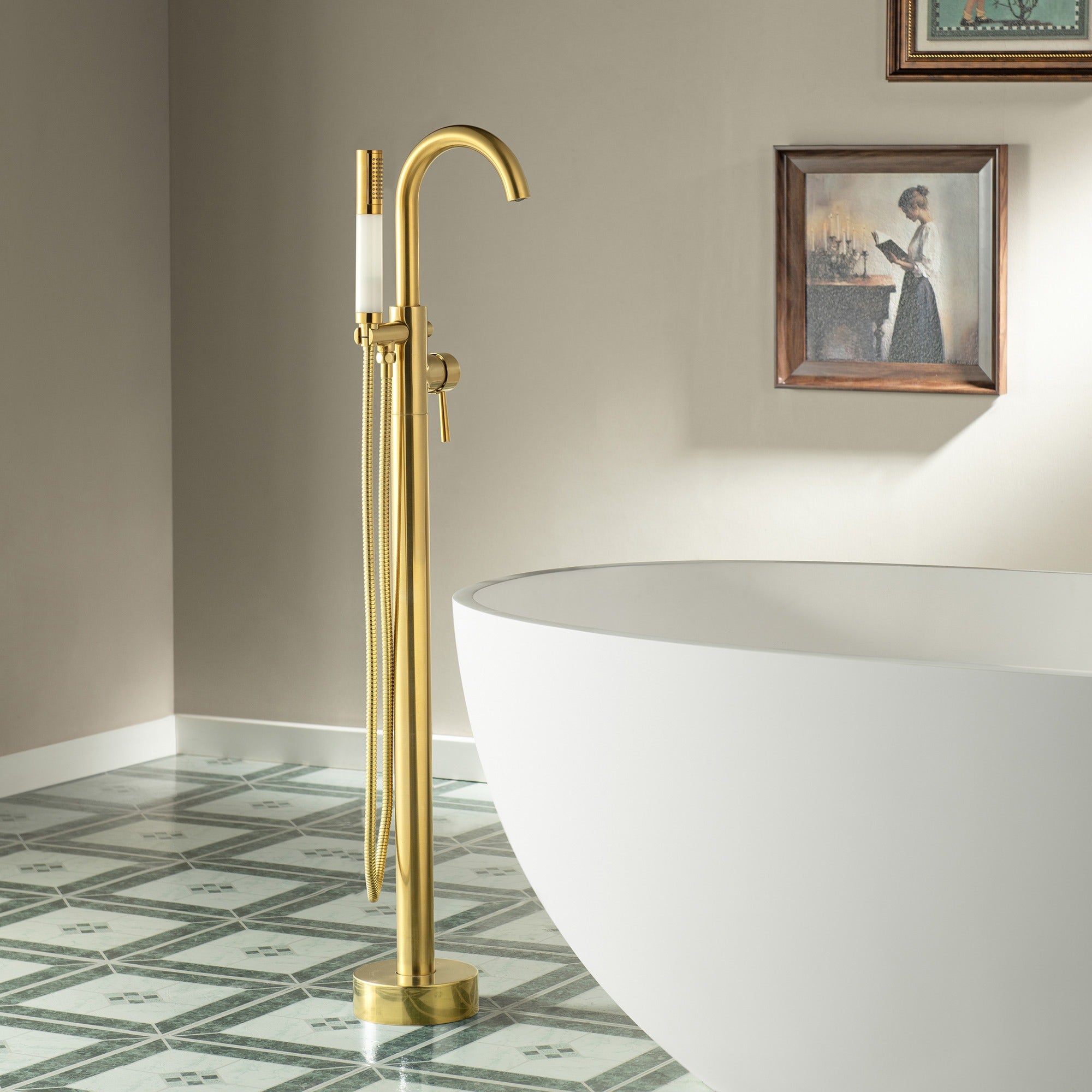 WOODBRIDGE Contemporary Single Handle Floor Mount Freestanding Tub Filler Faucet with Integrated LED Color-Changing Spray Head
