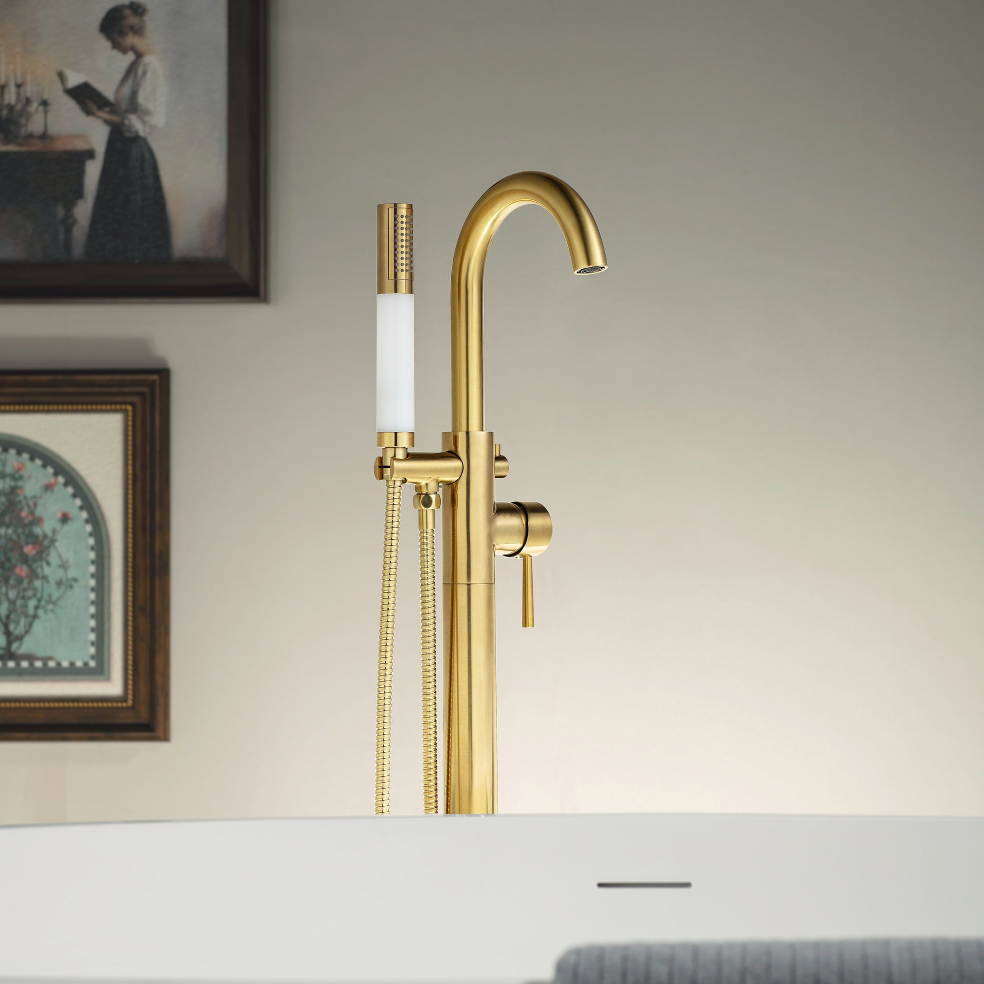 WOODBRIDGE Contemporary Single Handle Floor Mount Freestanding Tub Filler Faucet with Integrated LED Color-Changing Spray Head