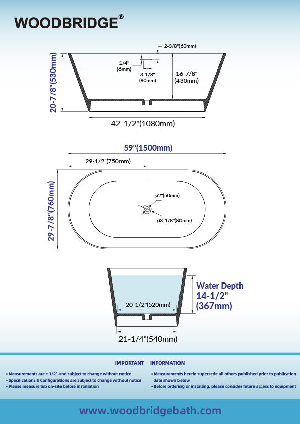 WOODBRIDGE 59" Solid Surface Freestanding Bathtub – Matte White – B0041-2.0