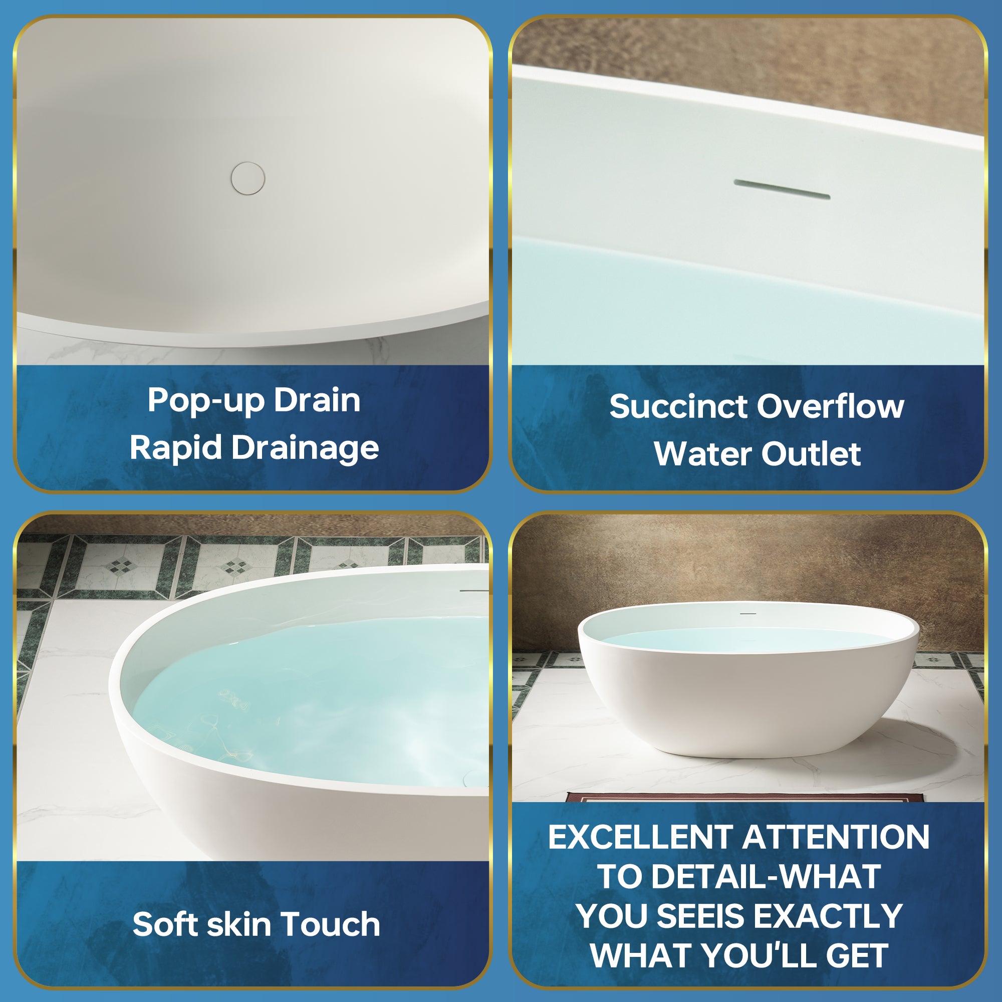 WOODBRIDGE 61" x 30-3/4" Solid Surface Stone Resin Freestanding Bathtub – Matte White (B0044-2.0)